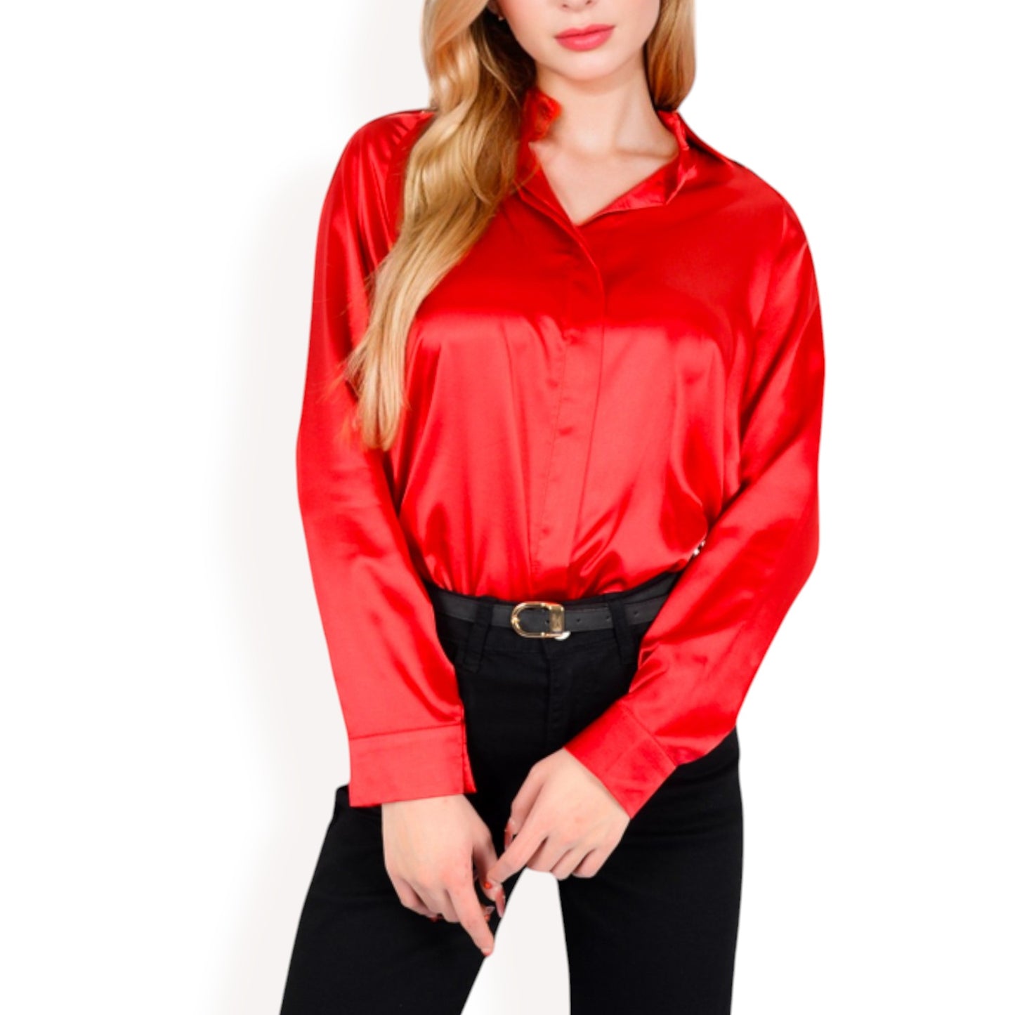 Anna-Kaci Women's Satin Pullover Top with Point Collar and Long Sleeves