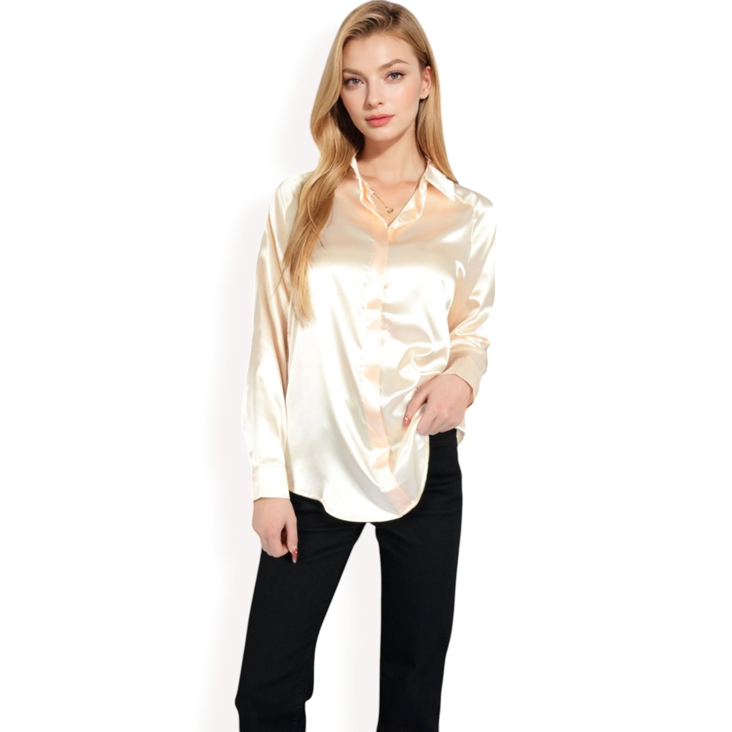 Anna-Kaci Women's Satin Pullover Top with Point Collar and Long Sleeves