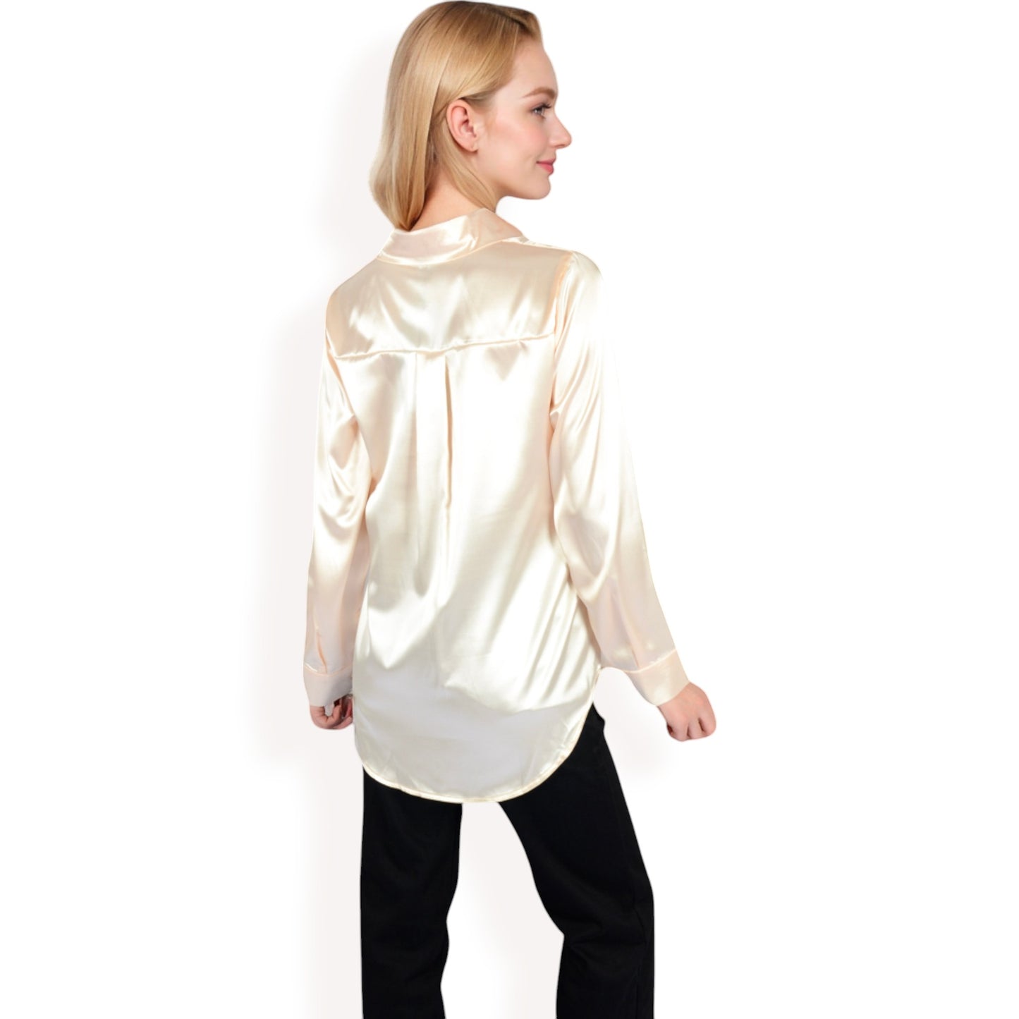Anna-Kaci Women's Satin Pullover Top with Point Collar and Long Sleeves