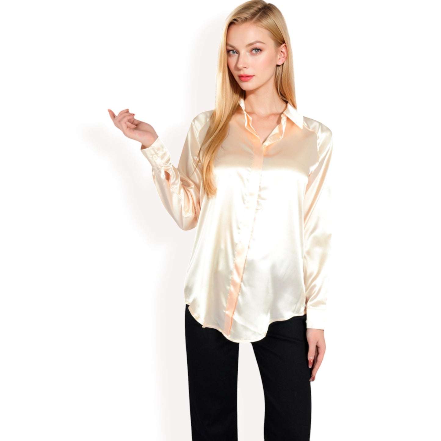Anna-Kaci Women's Satin Pullover Top with Point Collar and Long Sleeves
