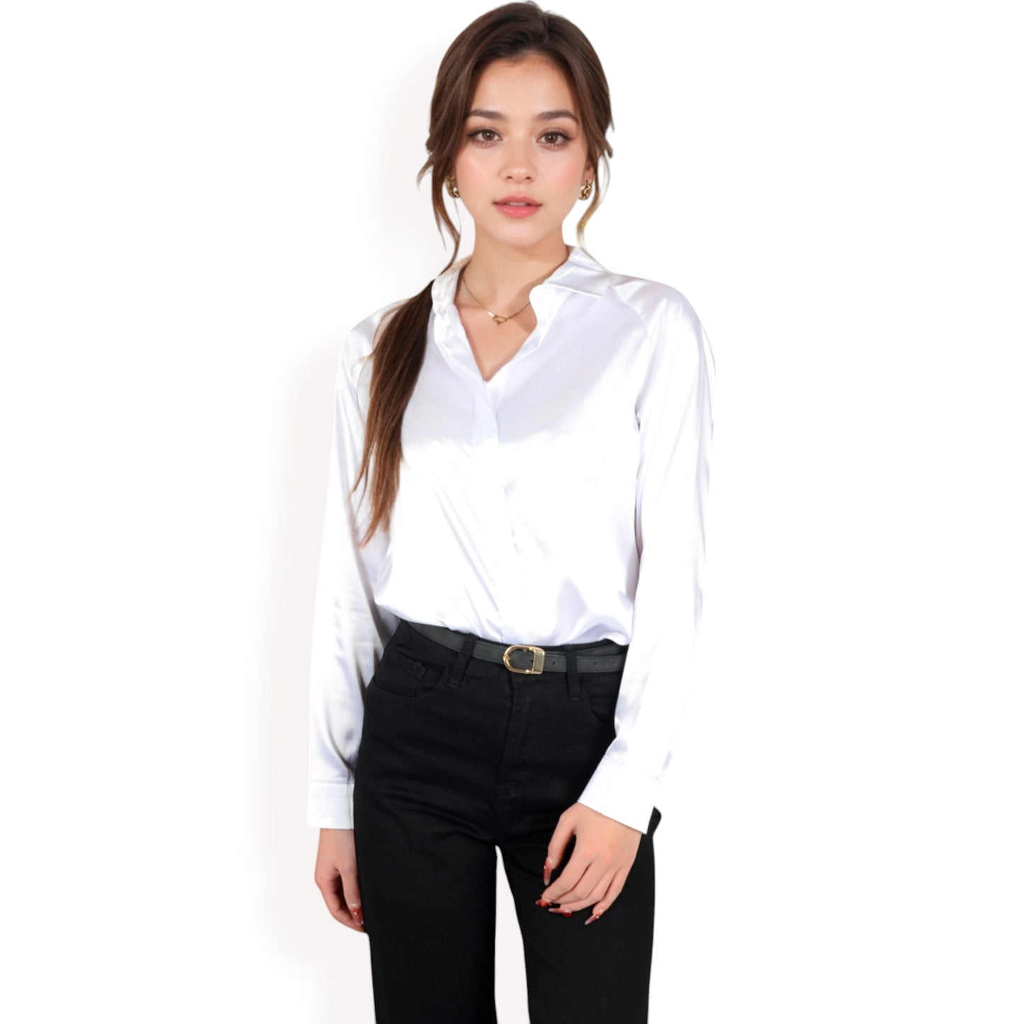 Anna-Kaci Women's Satin Pullover Top with Point Collar and Long Sleeves