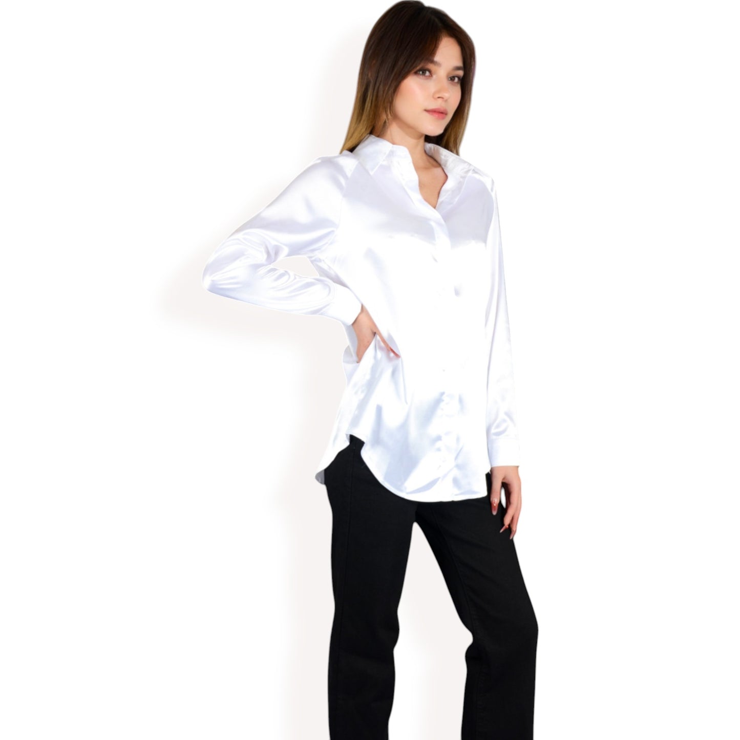 Anna-Kaci Women's Satin Pullover Top with Point Collar and Long Sleeves