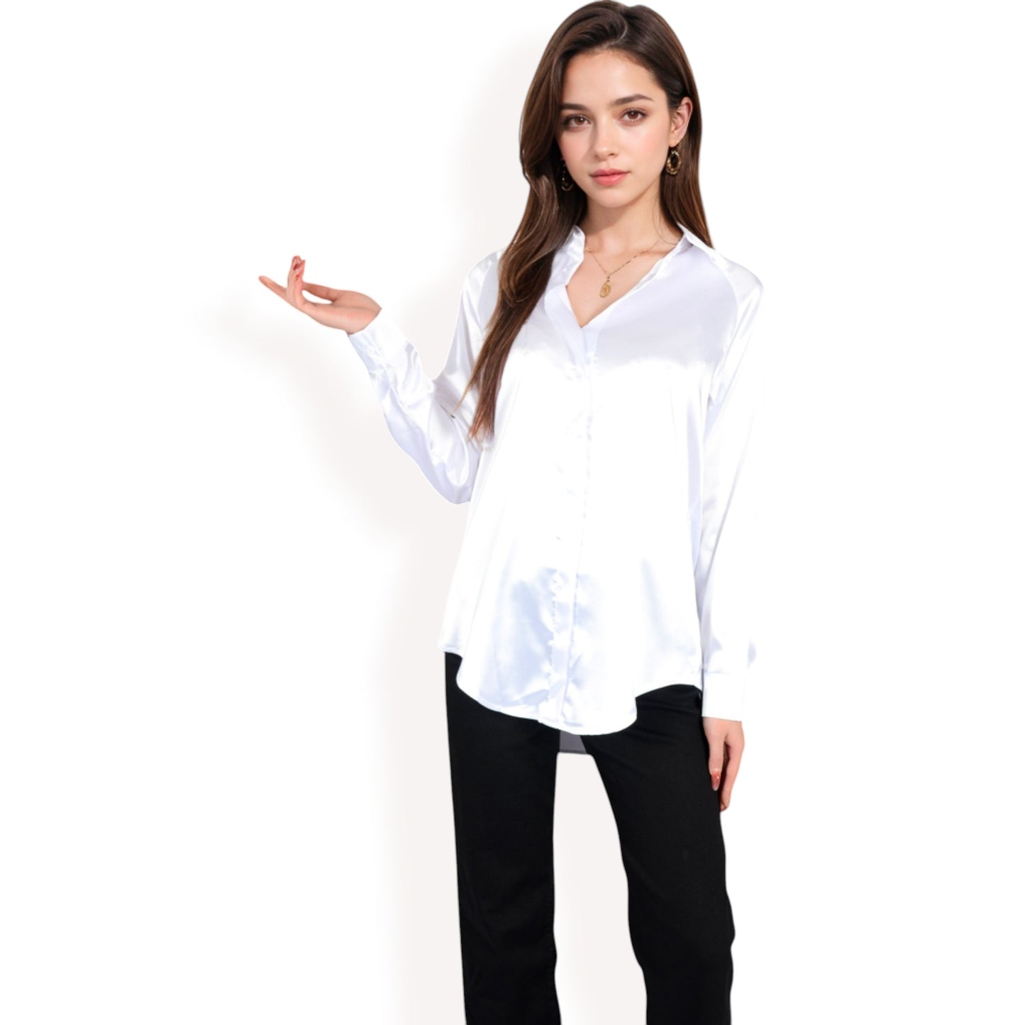Anna-Kaci Women's Satin Pullover Top with Point Collar and Long Sleeves