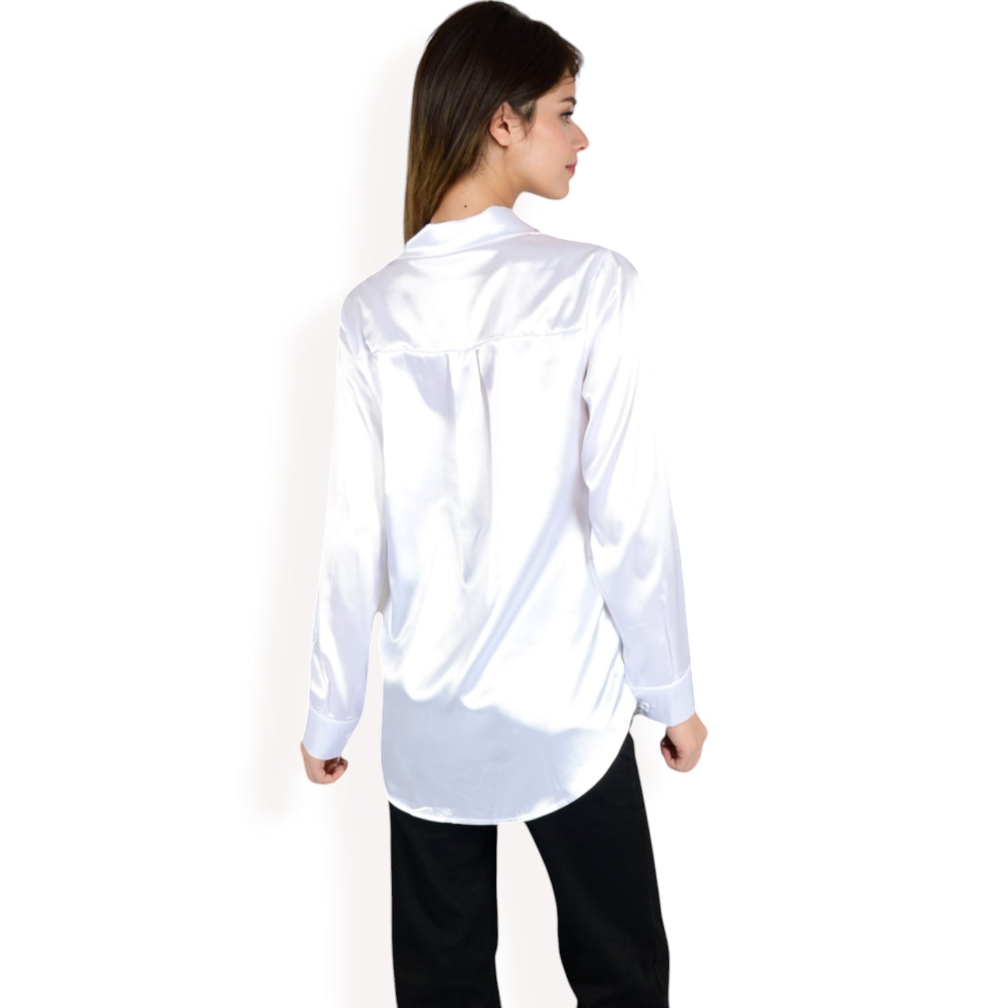Anna-Kaci Women's Satin Pullover Top with Point Collar and Long Sleeves