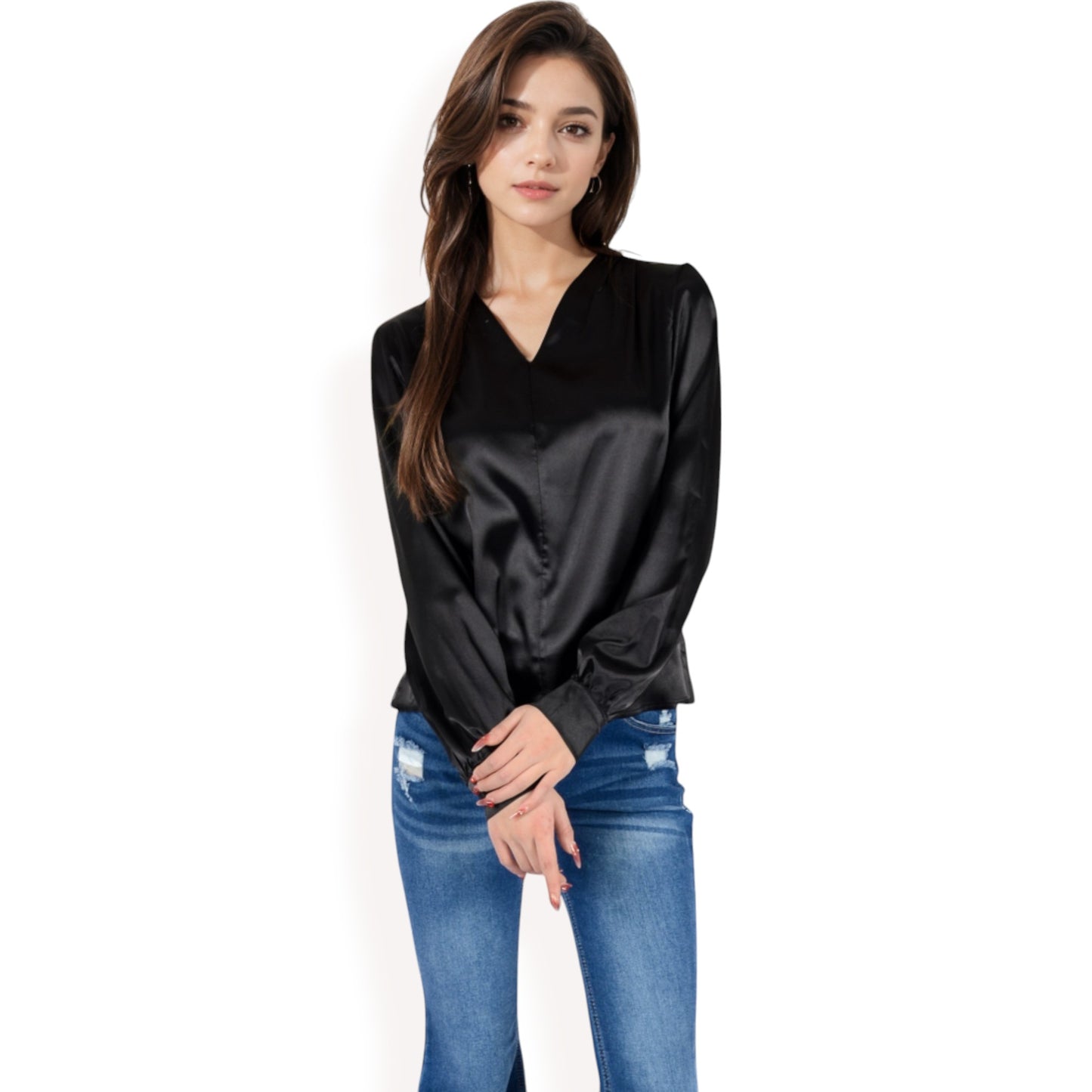 Anna-Kaci Women's Satin V-Neck Blouse with Long Sleeves