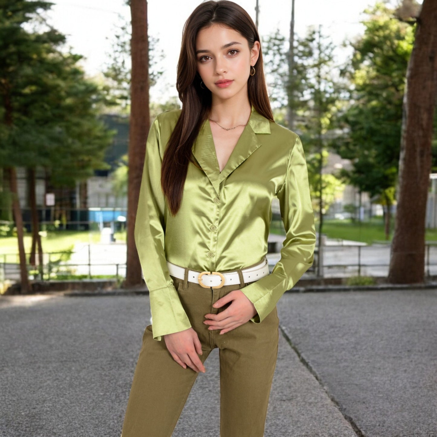 Anna-Kaci Women's Satin Button-Up Shirt with Collar and Flared Cuffs
