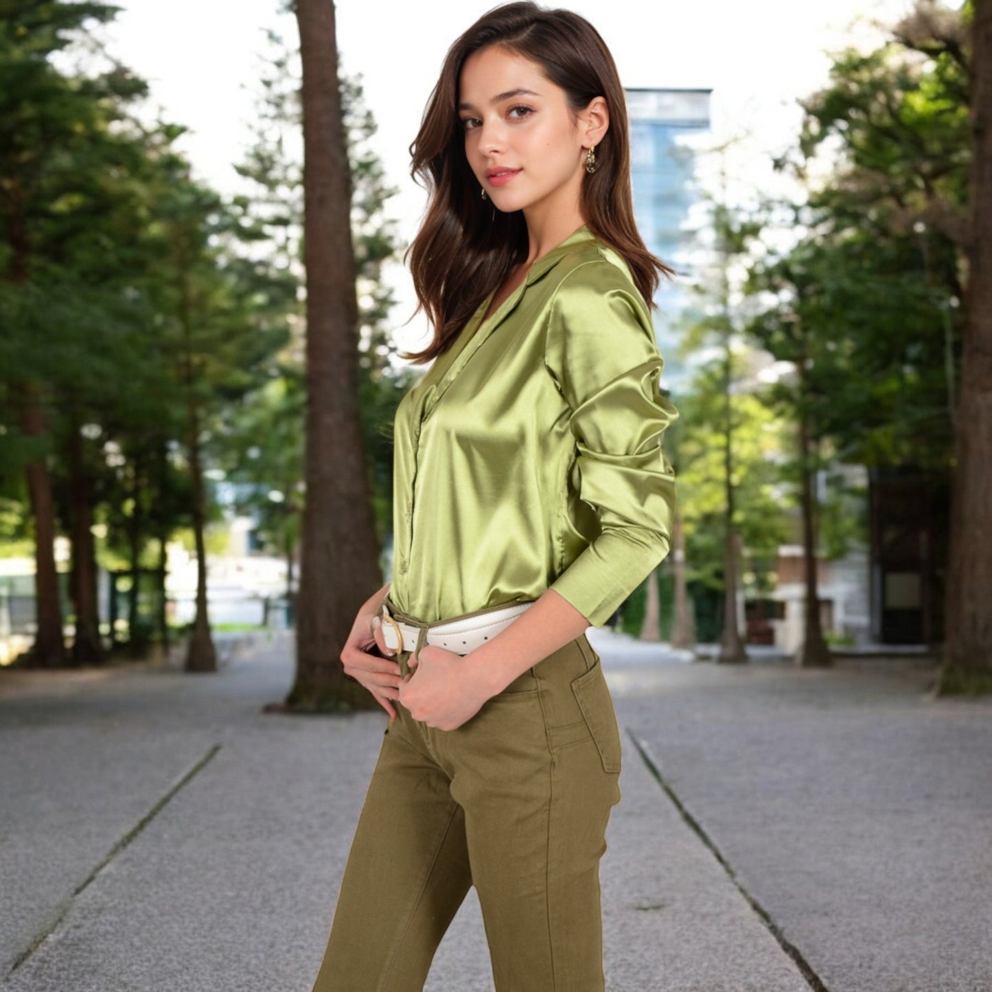 Anna-Kaci Women's Satin Button-Up Shirt with Collar and Flared Cuffs