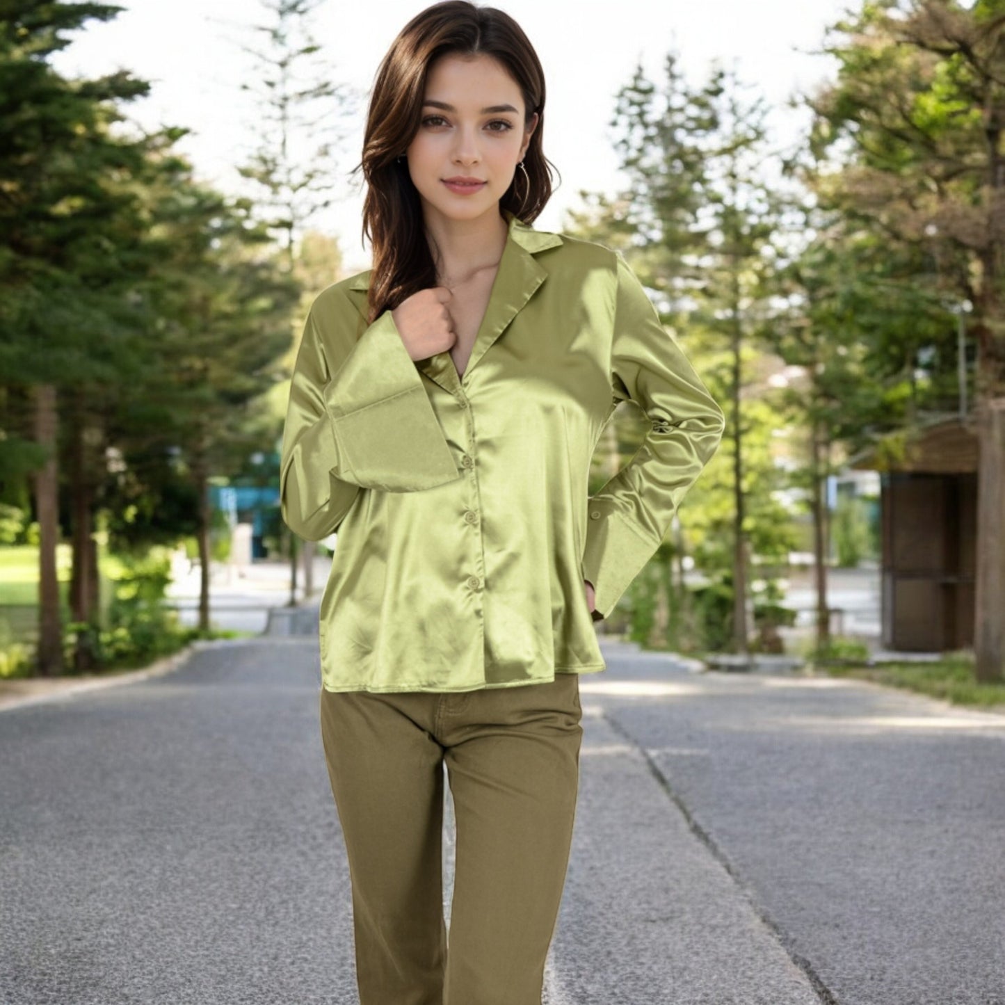 Anna-Kaci Women's Satin Button-Up Shirt with Collar and Flared Cuffs