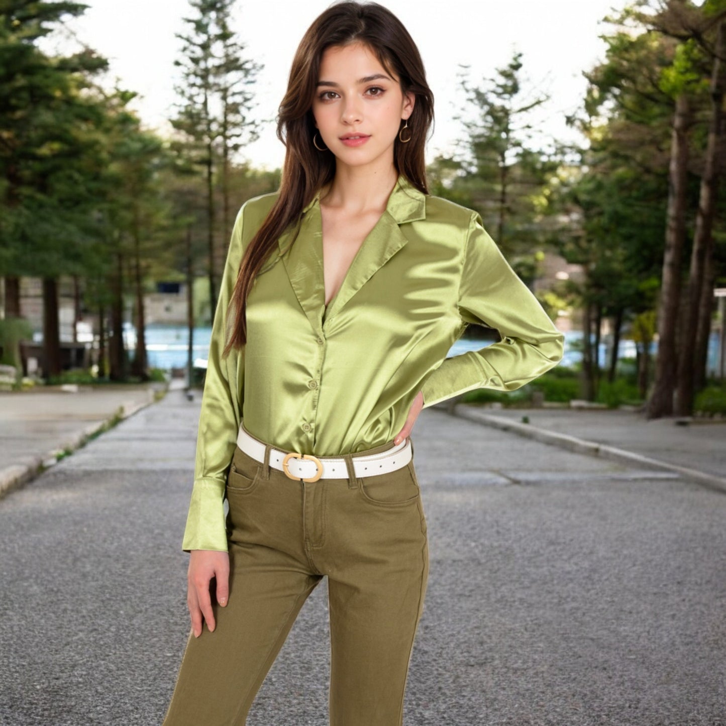 Anna-Kaci Women's Satin Button-Up Shirt with Collar and Flared Cuffs