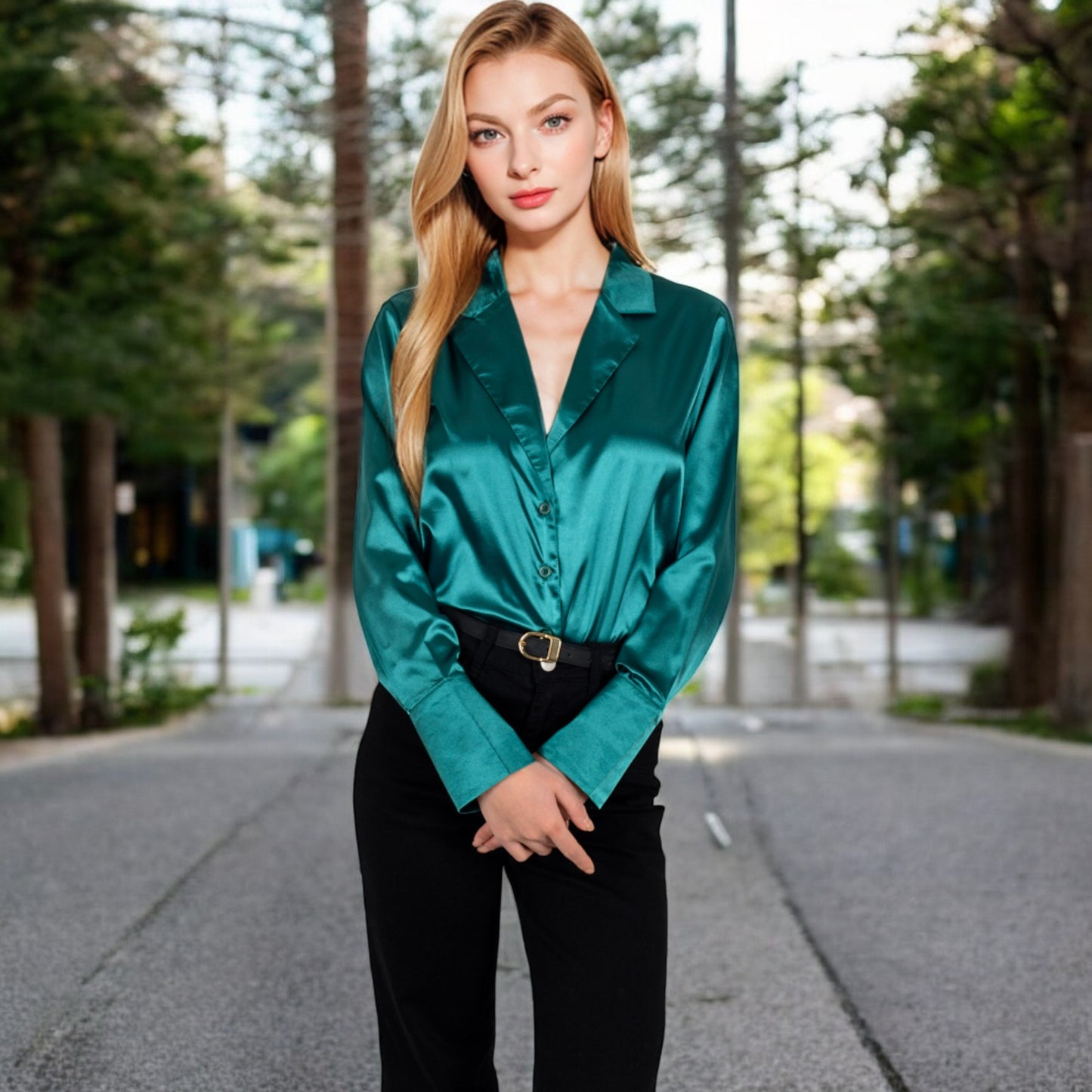 Anna-Kaci Women's Satin Button-Up Shirt with Collar and Flared Cuffs