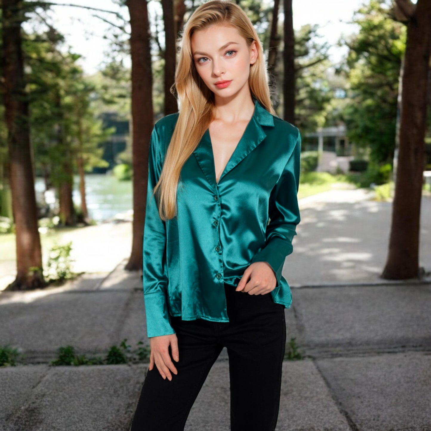 Anna-Kaci Women's Satin Button-Up Shirt with Collar and Flared Cuffs