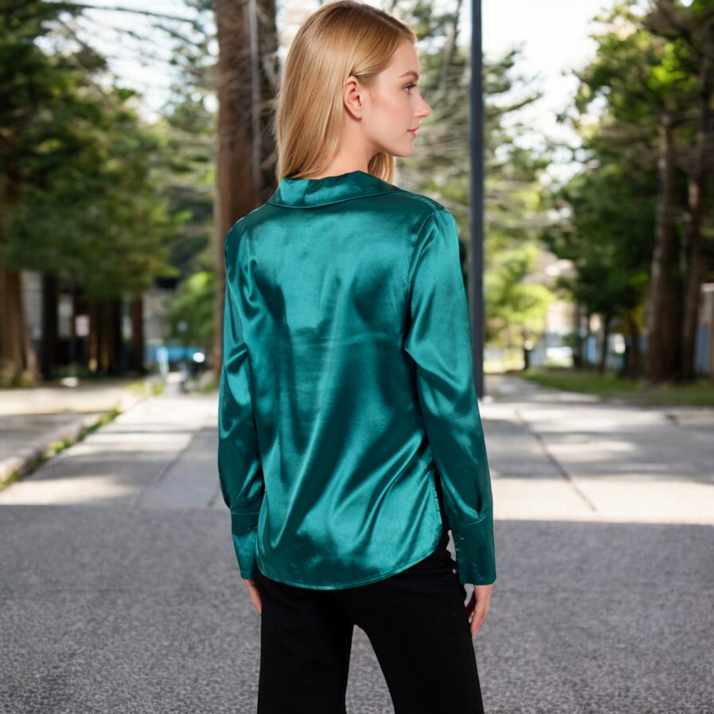 Anna-Kaci Women's Satin Button-Up Shirt with Collar and Flared Cuffs