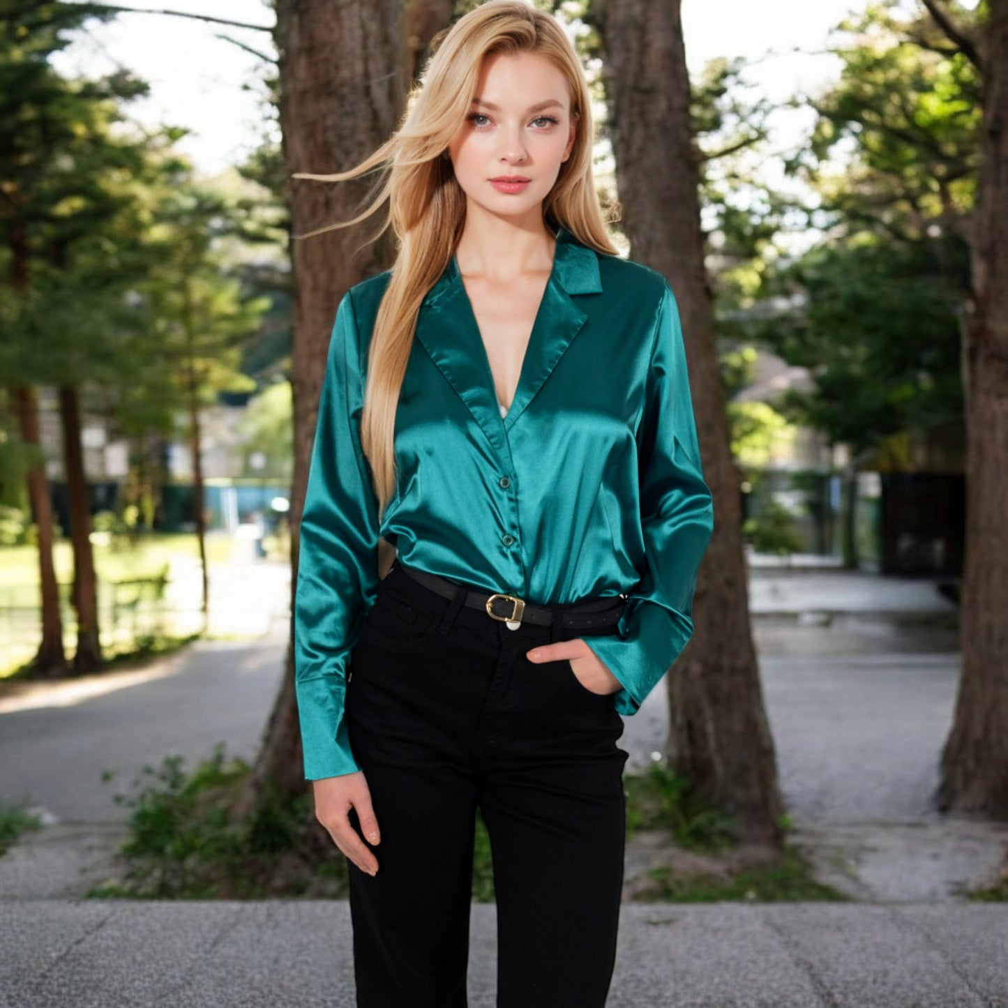 Anna-Kaci Women's Satin Button-Up Shirt with Collar and Flared Cuffs