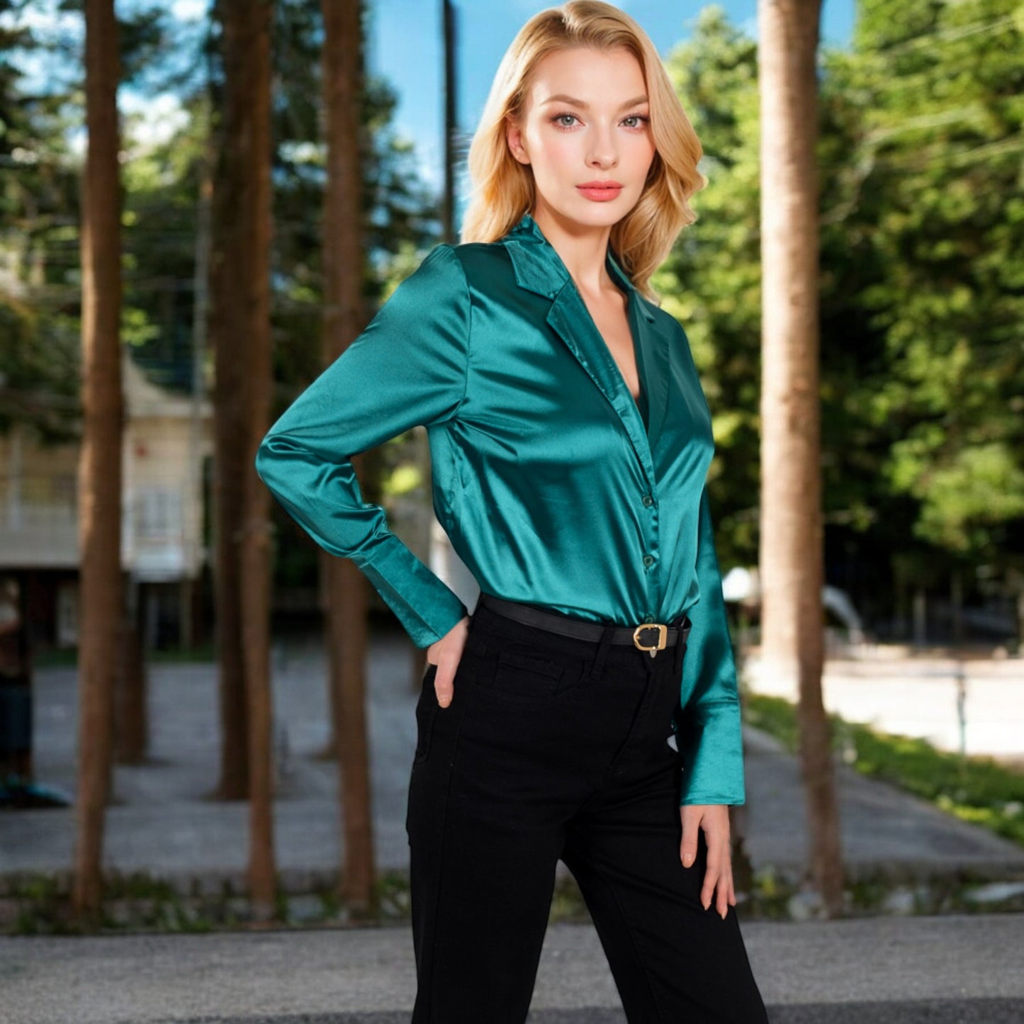 Anna-Kaci Women's Satin Button-Up Shirt with Collar and Flared Cuffs