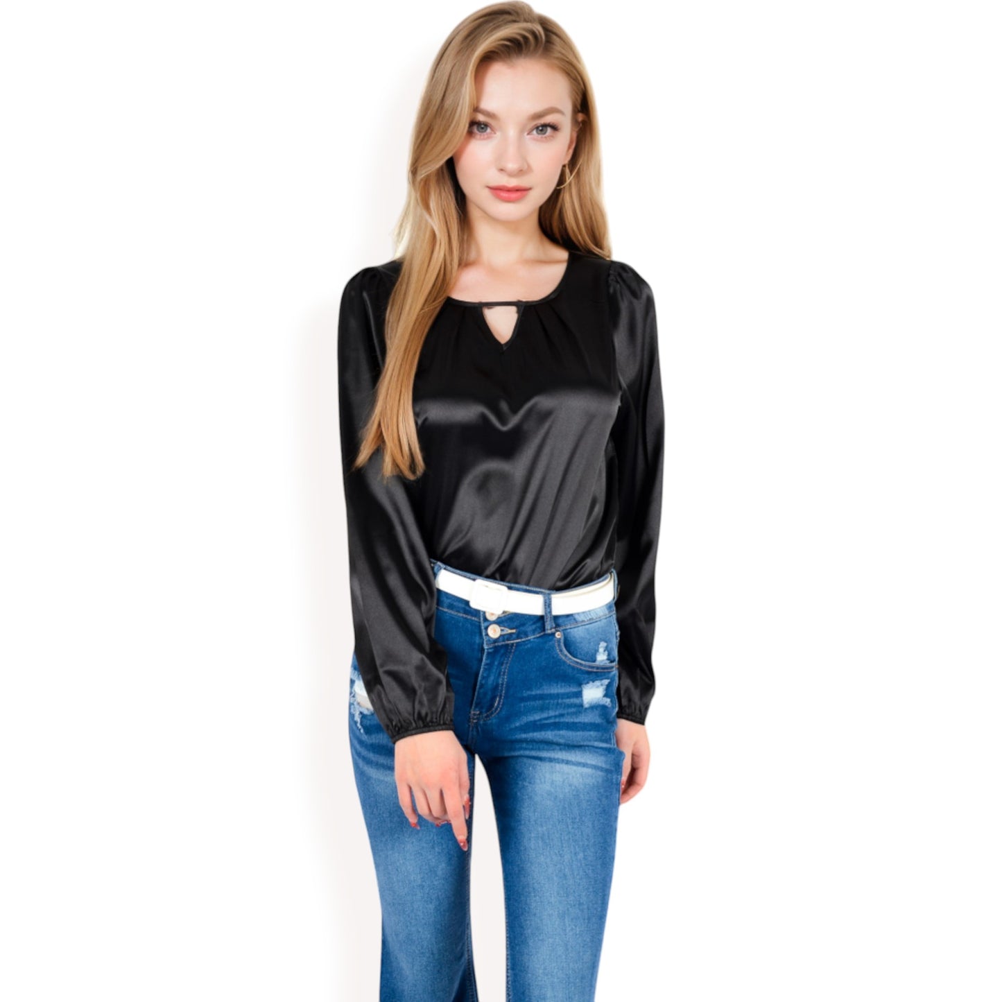 Anna-Kaci Women's Satin Blouse with Keyhole Neckline and Long Sleeves