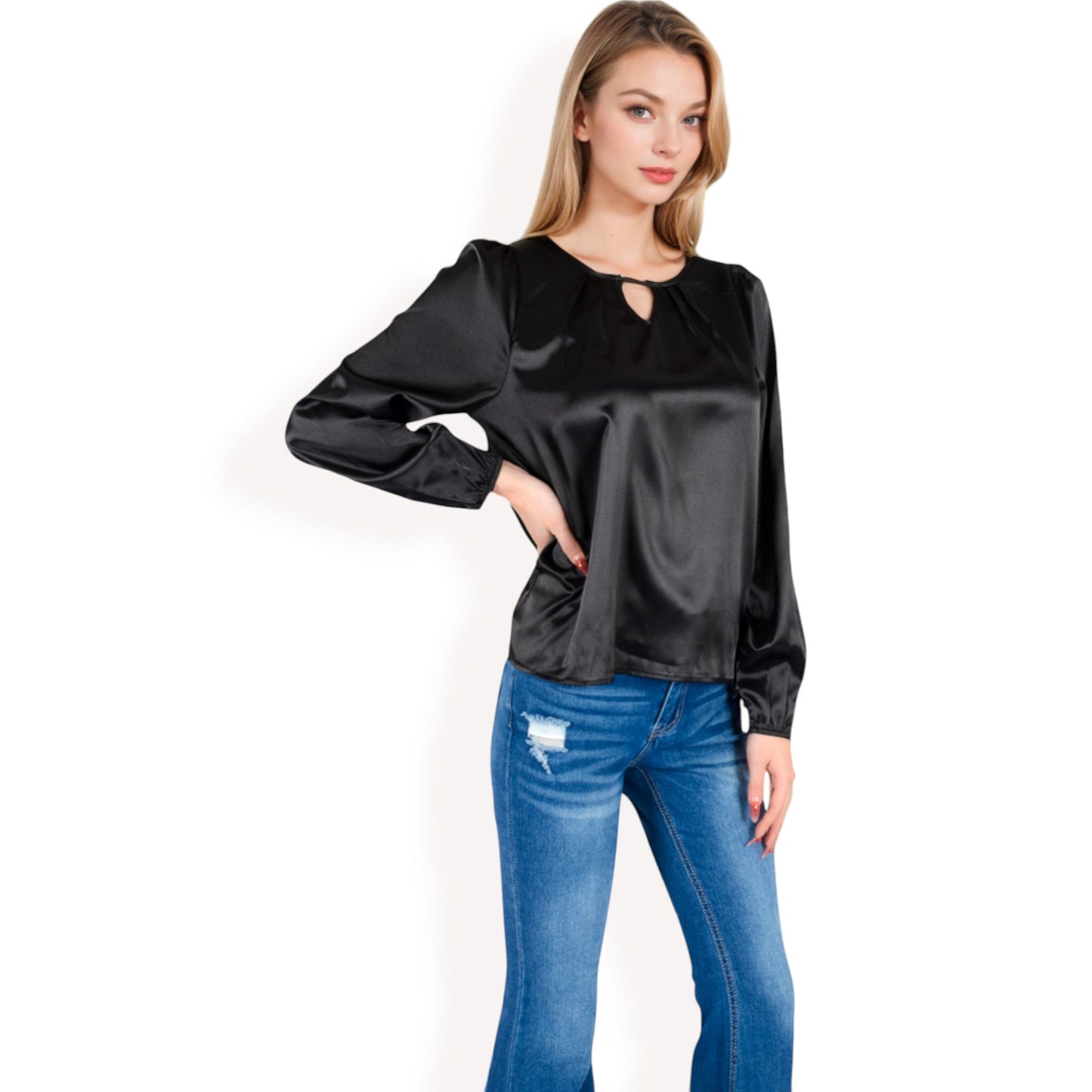 Anna-Kaci Women's Satin Blouse with Keyhole Neckline and Long Sleeves