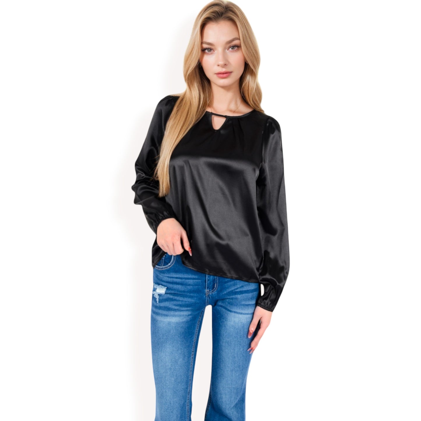 Anna-Kaci Women's Satin Blouse with Keyhole Neckline and Long Sleeves