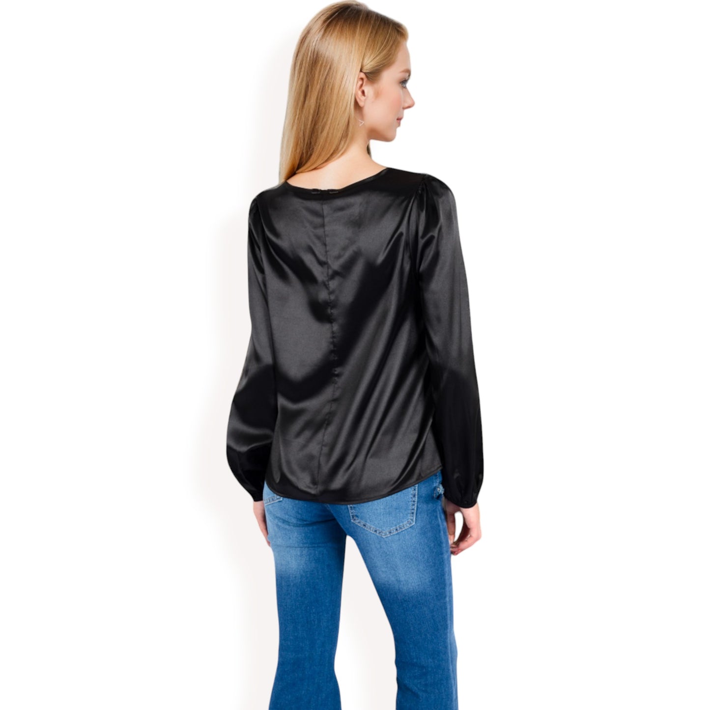 Anna-Kaci Women's Satin Blouse with Keyhole Neckline and Long Sleeves