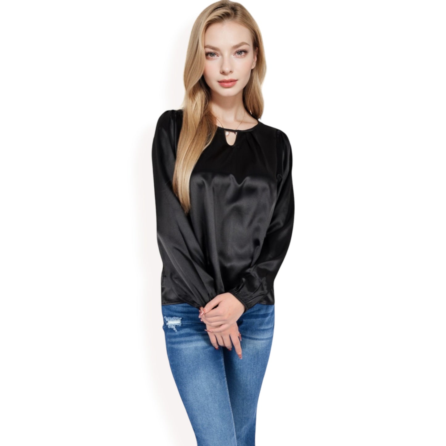 Anna-Kaci Women's Satin Blouse with Keyhole Neckline and Long Sleeves