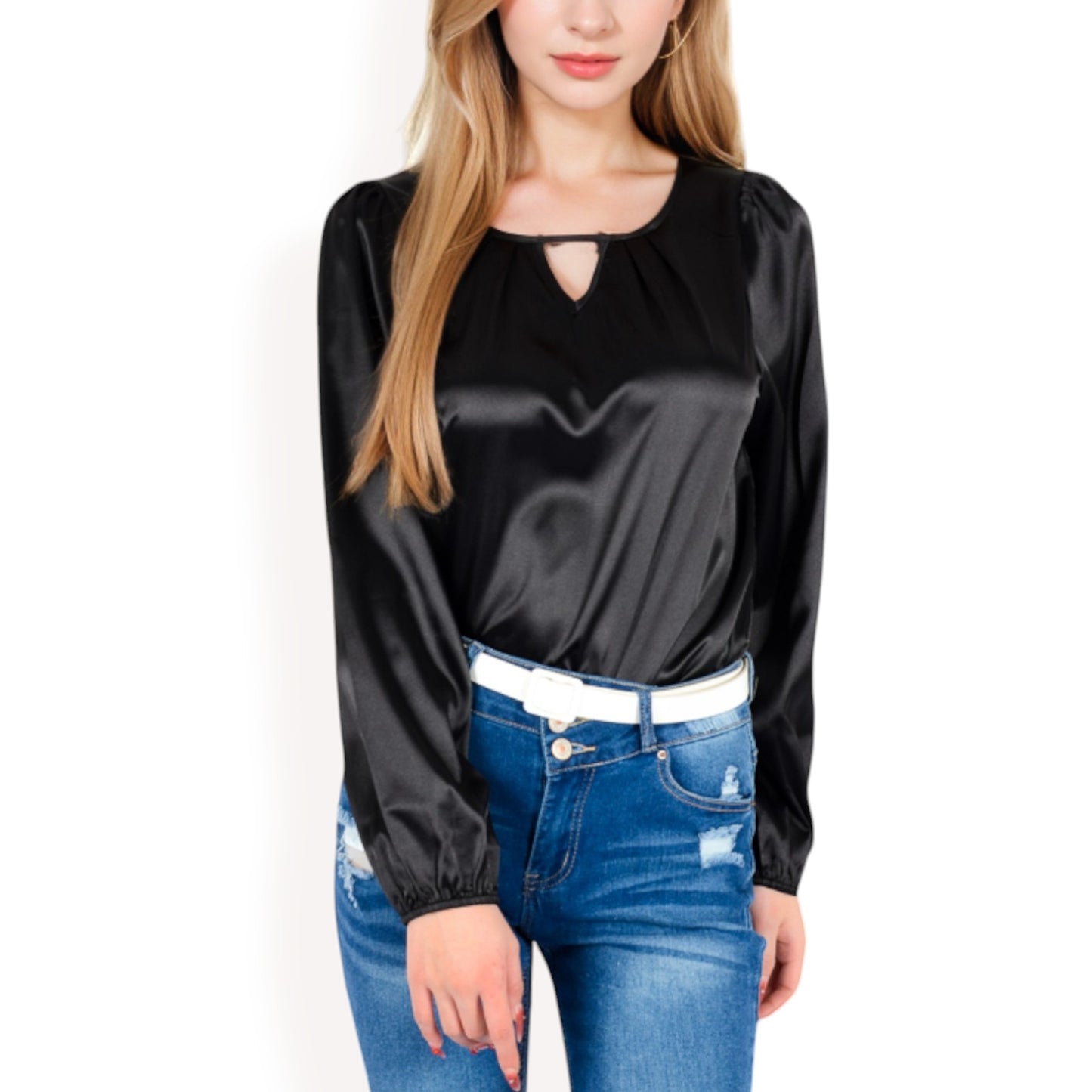 Anna-Kaci Women's Satin Blouse with Keyhole Neckline and Long Sleeves