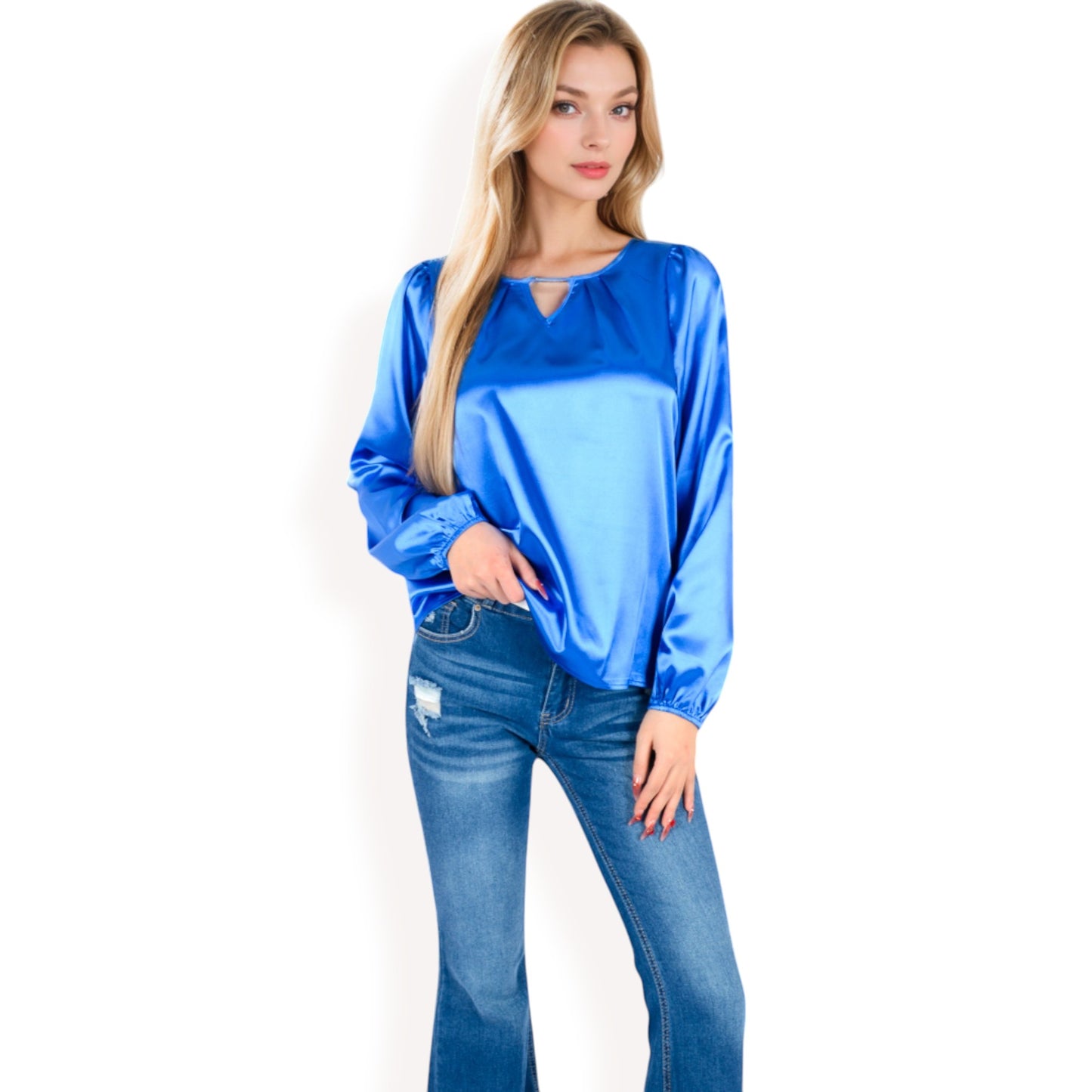 Anna-Kaci Women's Satin Blouse with Keyhole Neckline and Long Sleeves