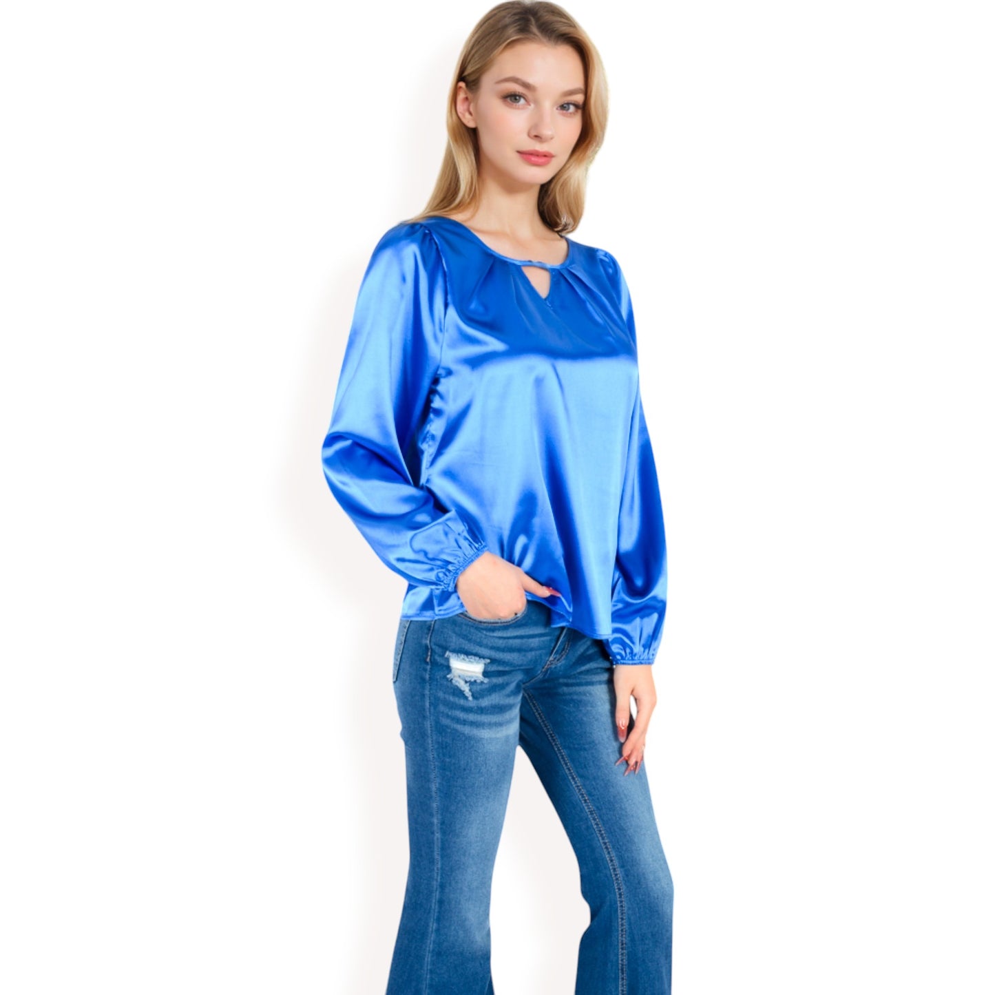 Anna-Kaci Women's Satin Blouse with Keyhole Neckline and Long Sleeves