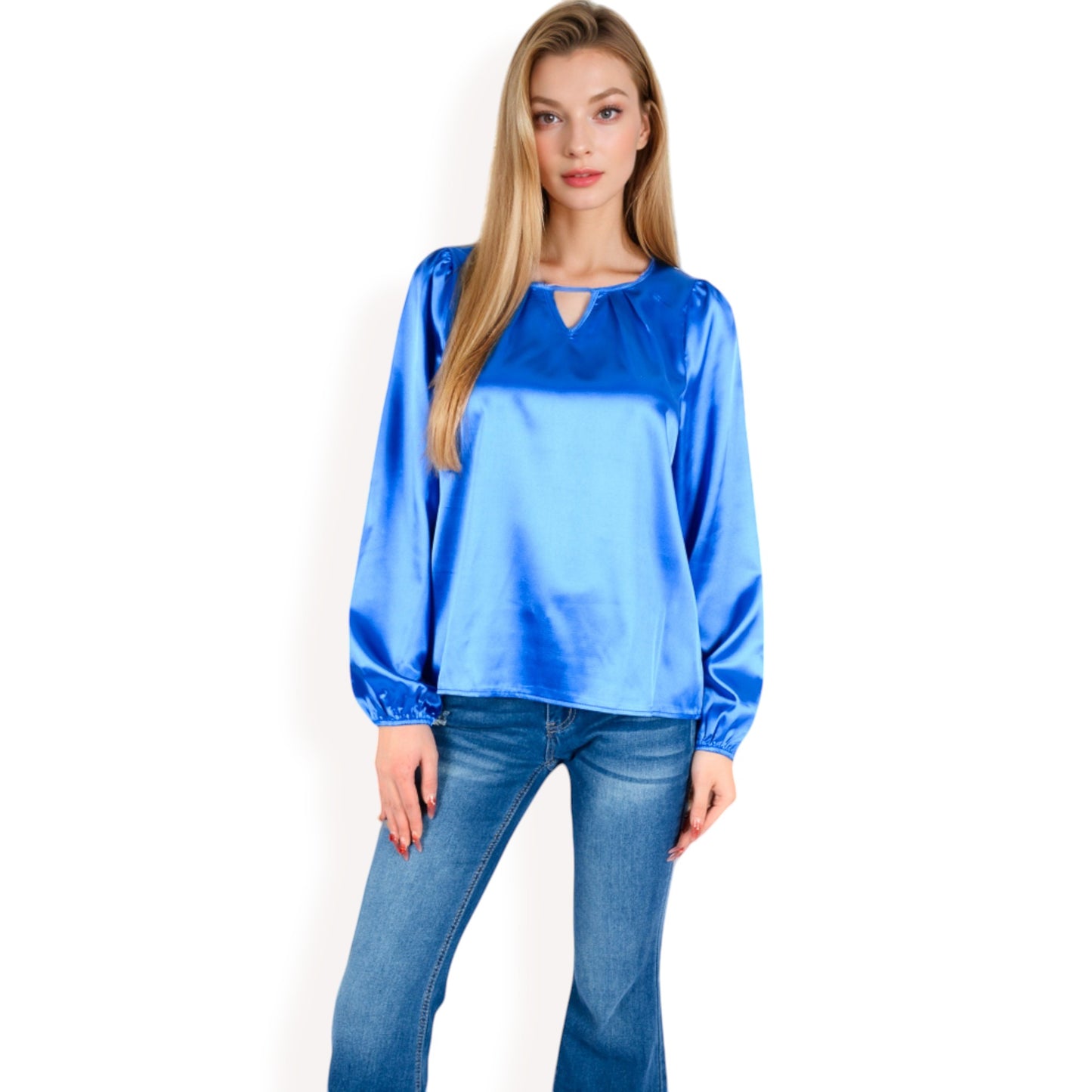 Anna-Kaci Women's Satin Blouse with Keyhole Neckline and Long Sleeves