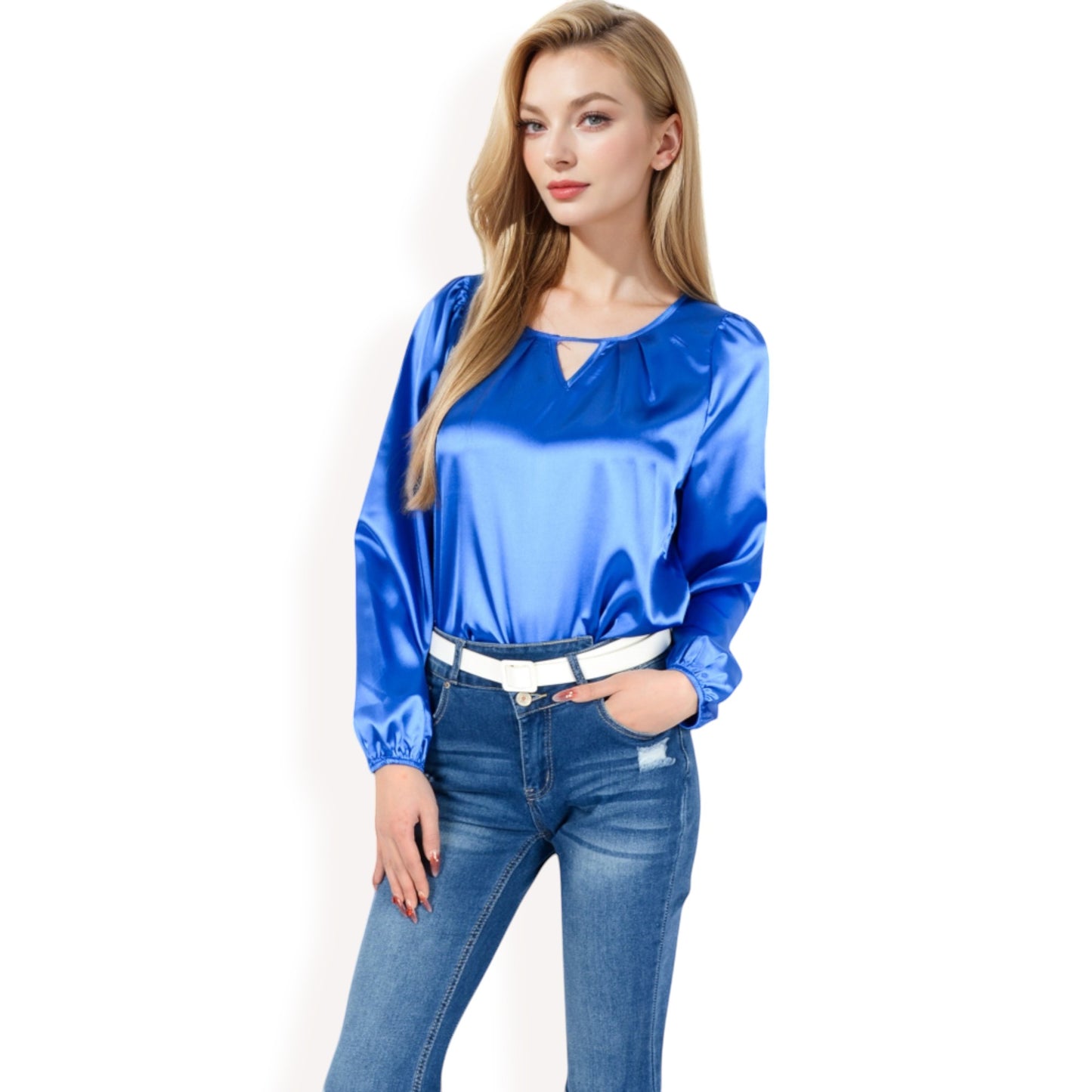Anna-Kaci Women's Satin Blouse with Keyhole Neckline and Long Sleeves