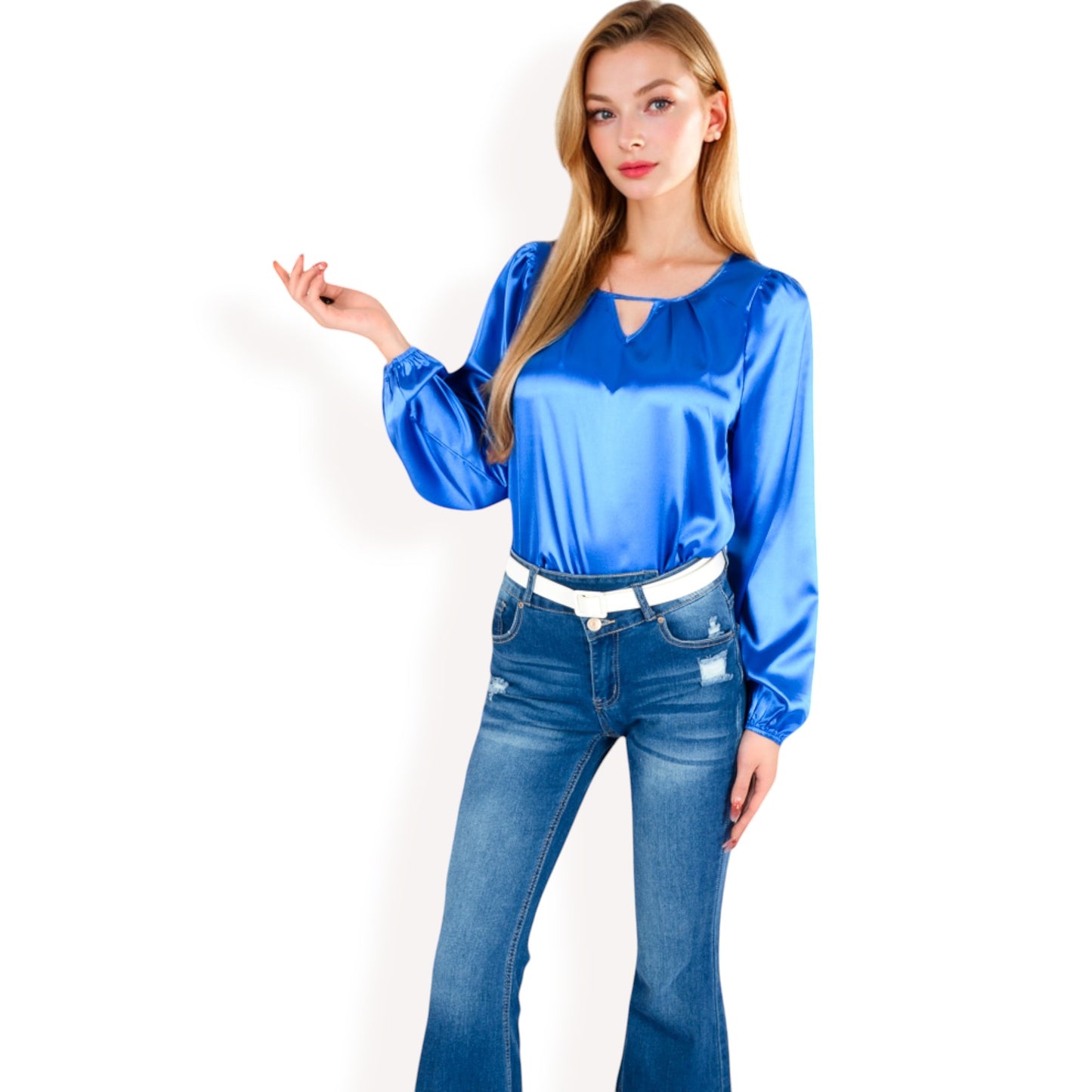 Anna-Kaci Women's Satin Blouse with Keyhole Neckline and Long Sleeves