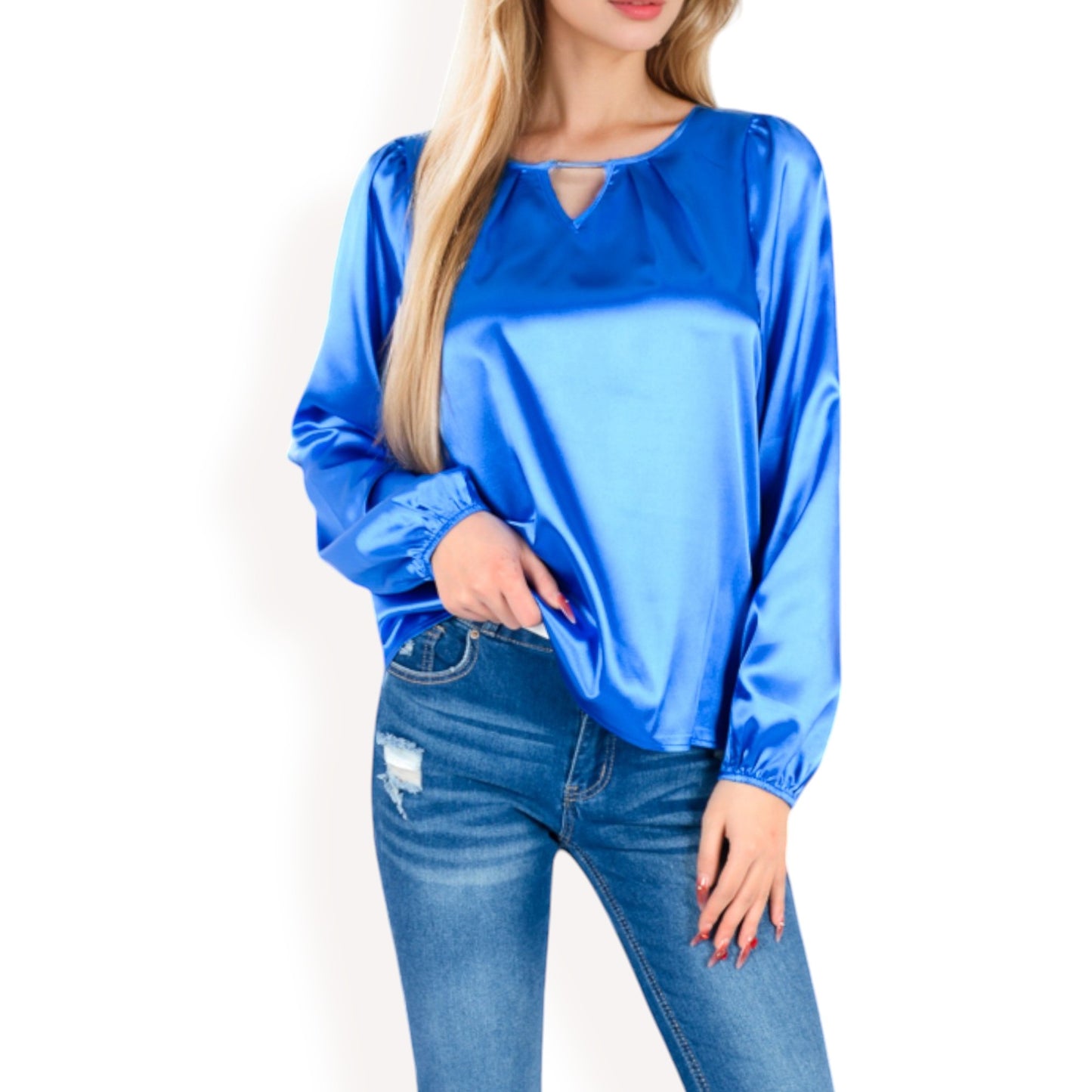 Anna-Kaci Women's Satin Blouse with Keyhole Neckline and Long Sleeves
