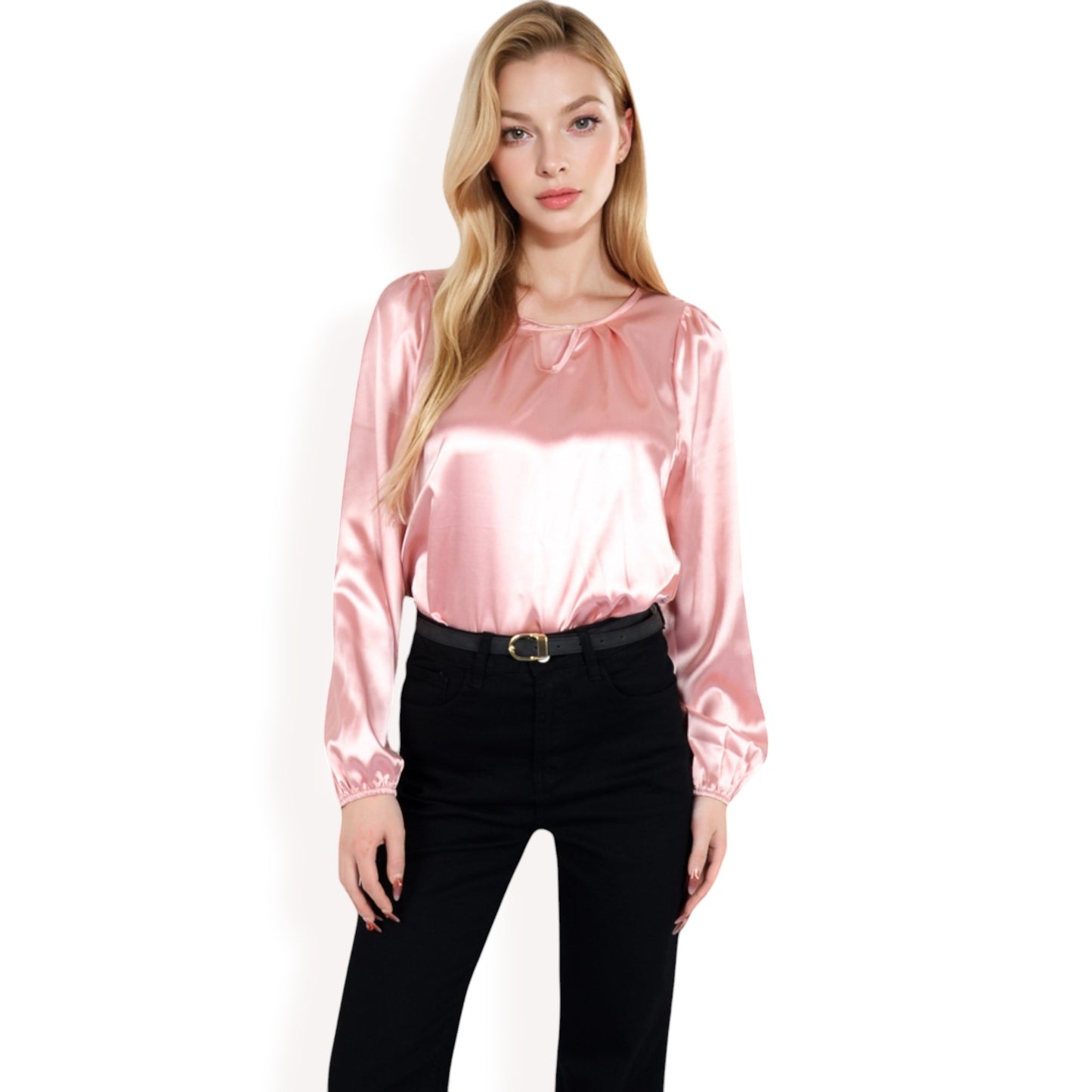 Anna-Kaci Women's Satin Blouse with Keyhole Neckline and Long Sleeves