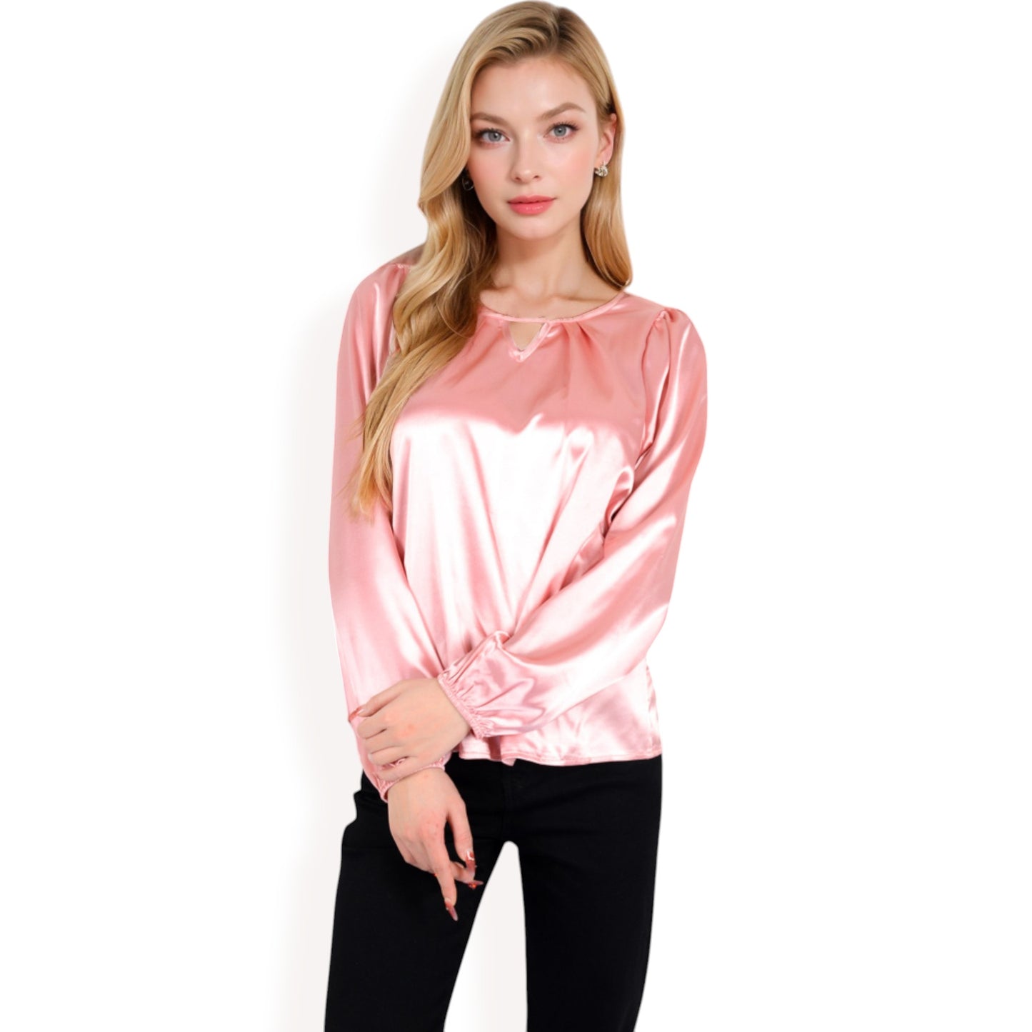Anna-Kaci Women's Satin Blouse with Keyhole Neckline and Long Sleeves