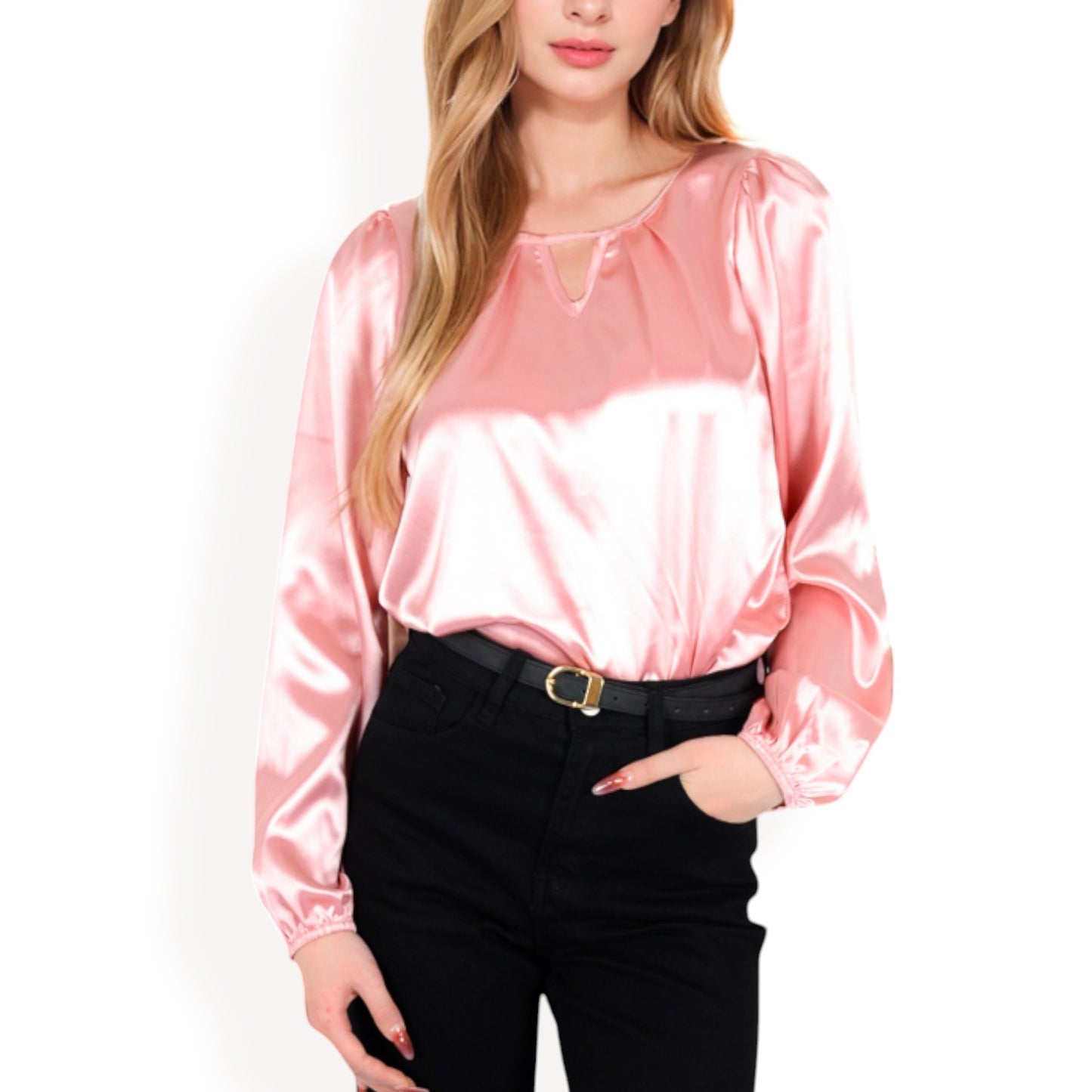 Anna-Kaci Women's Satin Blouse with Keyhole Neckline and Long Sleeves