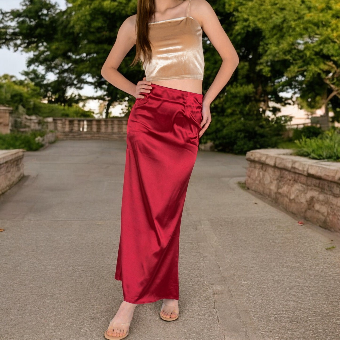 Anna-Kaci Women's High-Waisted Satin Maxi Skirt