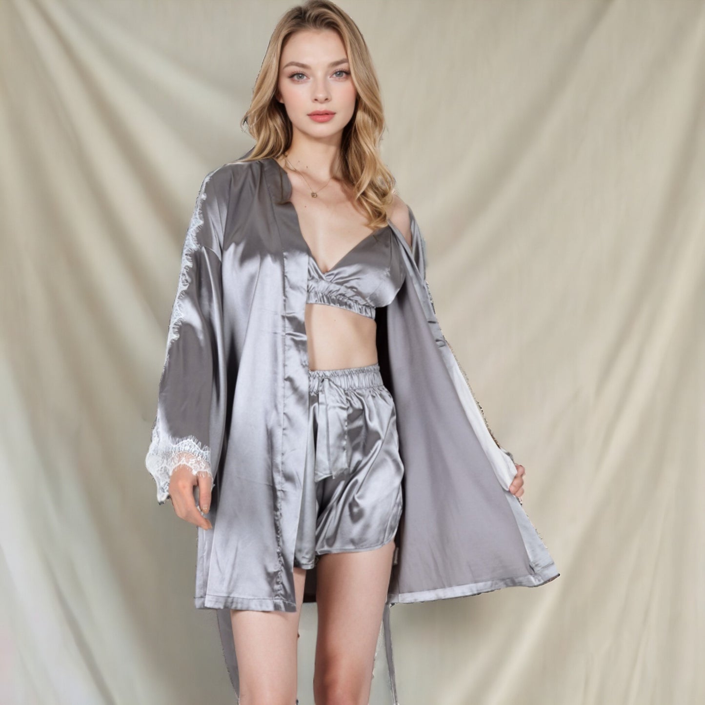 Anna-Kaci Women's Satin 3-Piece Loungewear Set with Lace Trim Robe, Bralette, and Shorts