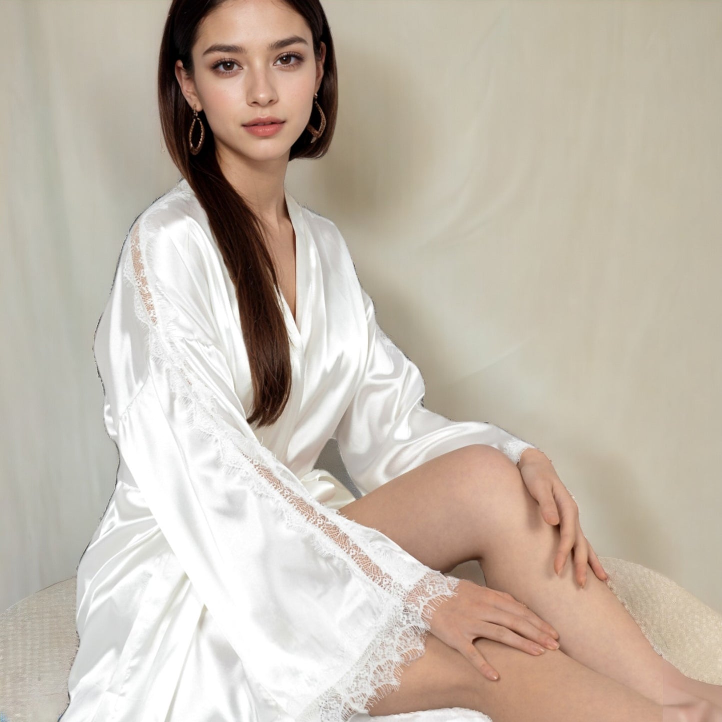 Anna-Kaci Women's Satin 3-Piece Loungewear Set with Lace Trim Robe, Bralette, and Shorts