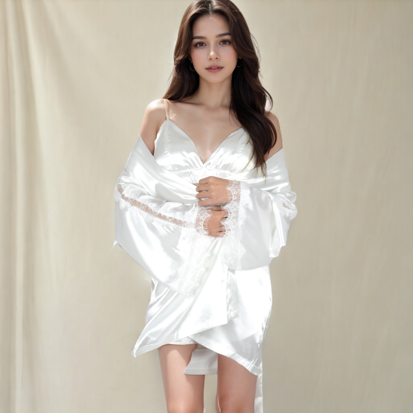 Anna-Kaci Women's Satin 3-Piece Loungewear Set with Lace Trim Robe, Bralette, and Shorts