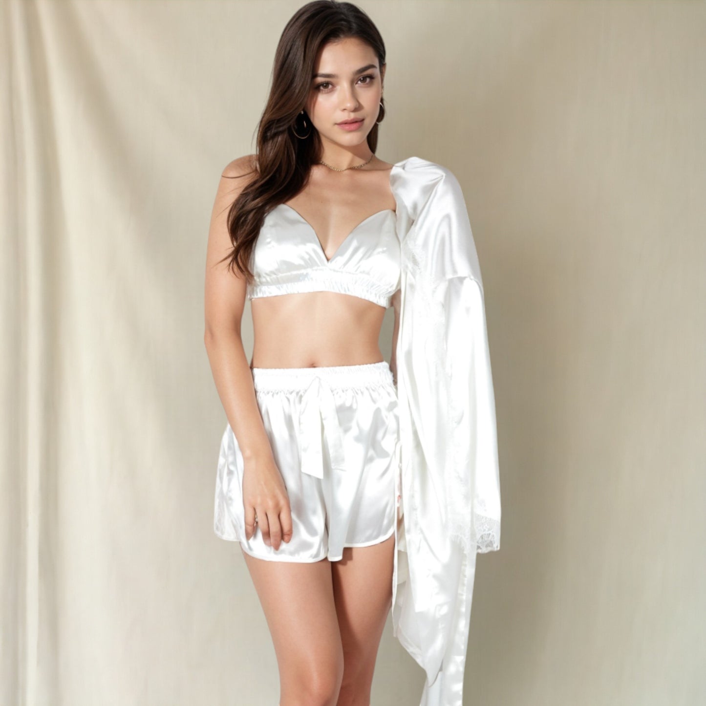 Anna-Kaci Women's Satin 3-Piece Loungewear Set with Lace Trim Robe, Bralette, and Shorts