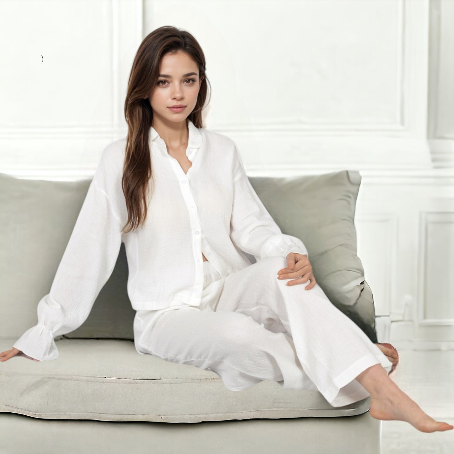 Anna-Kaci Women's Lightweight Gauze Lounge Set with Button-Up Top and Wide-Leg Pants