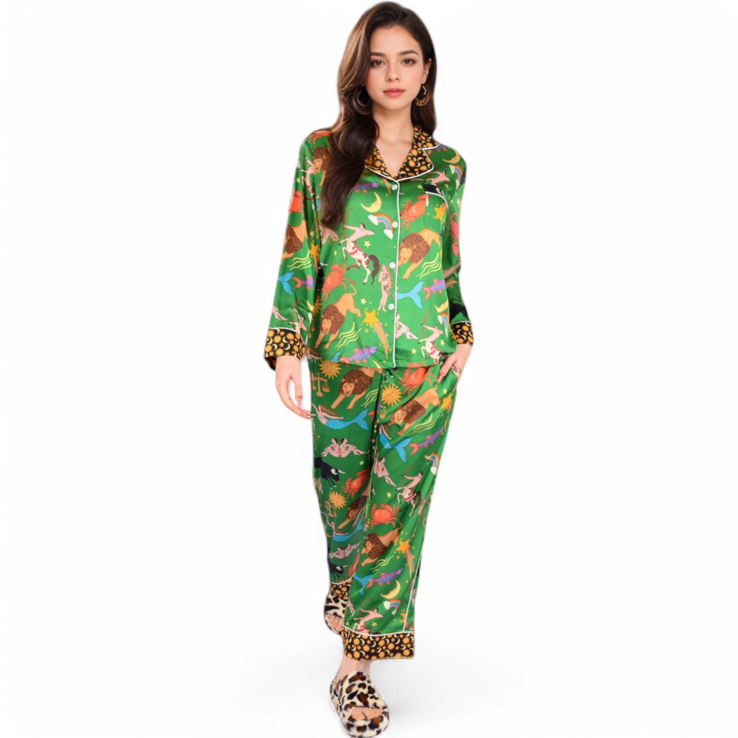 Anna-Kaci Women's Satin Zodiac Print Pajama Set with Button-Up Top and Relaxed Fit Pants- Green,Small
