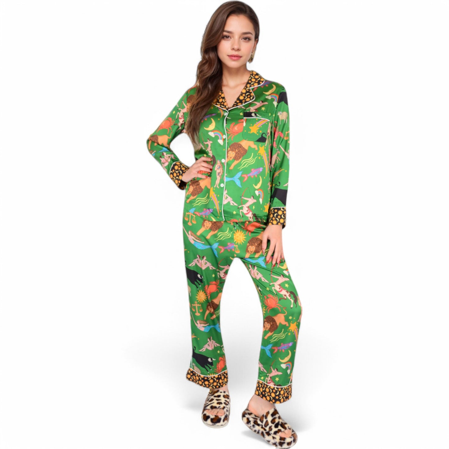 Anna-Kaci Women's Satin Zodiac Print Pajama Set with Button-Up Top and Relaxed Fit Pants- Green,Small