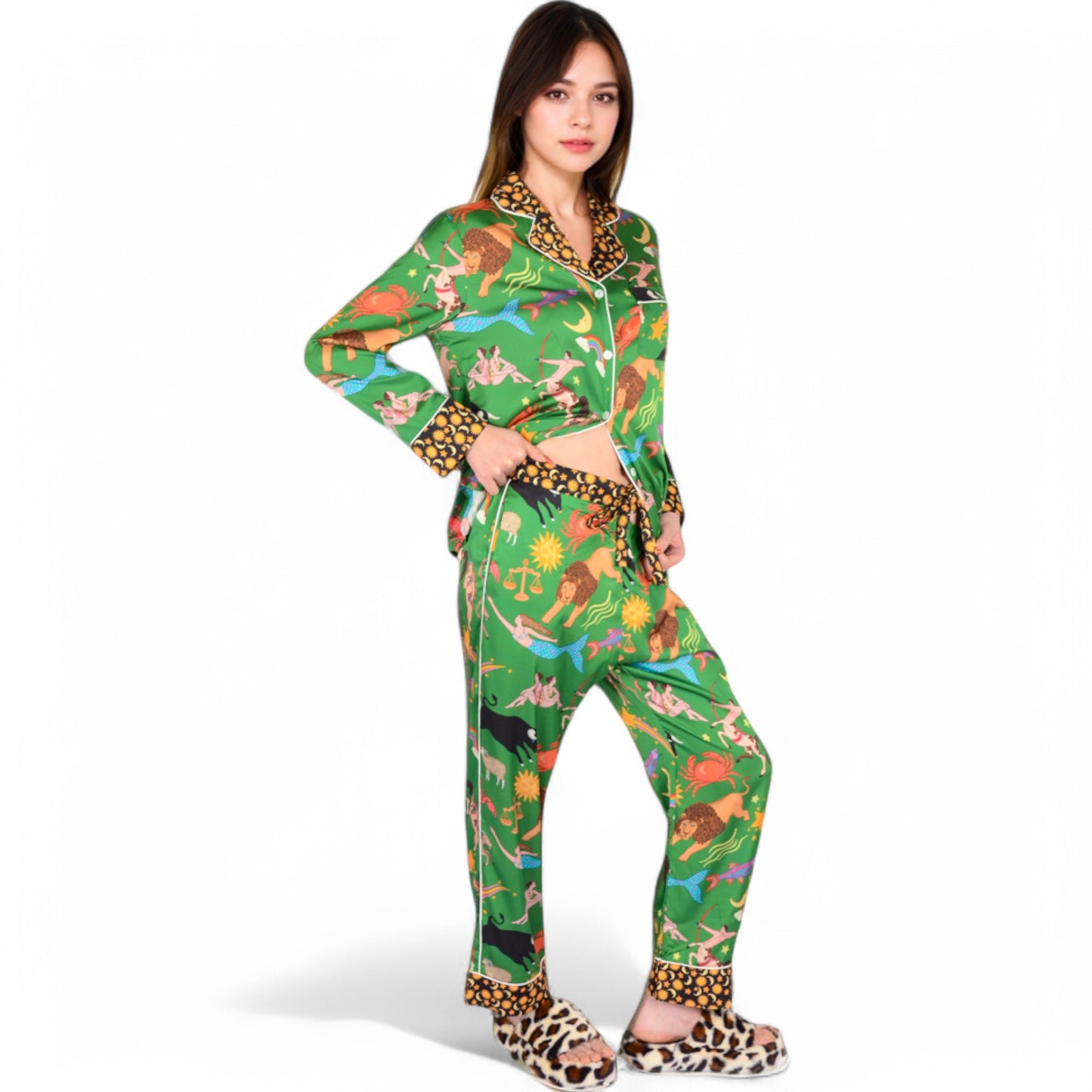 Anna-Kaci Women's Satin Zodiac Print Pajama Set with Button-Up Top and Relaxed Fit Pants- Green,Small