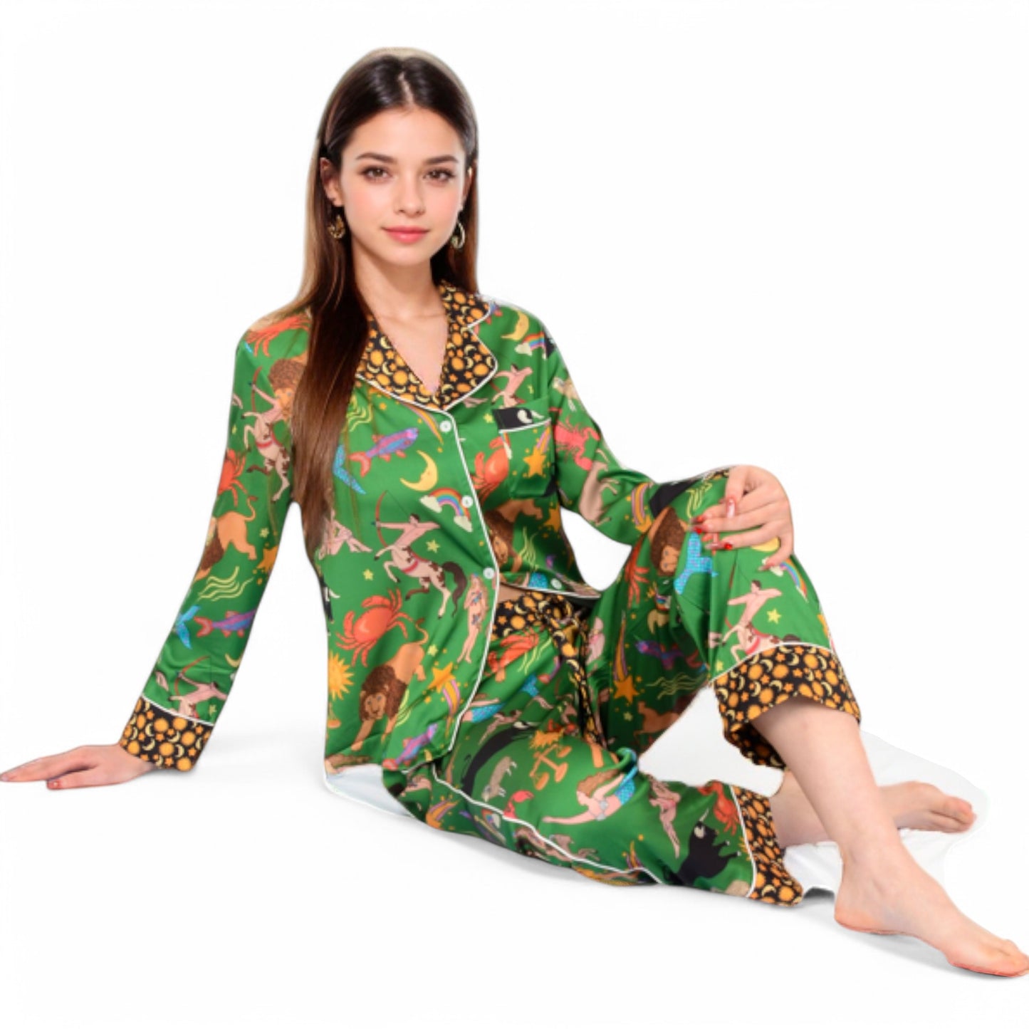 Anna-Kaci Women's Satin Zodiac Print Pajama Set with Button-Up Top and Relaxed Fit Pants- Green,Small