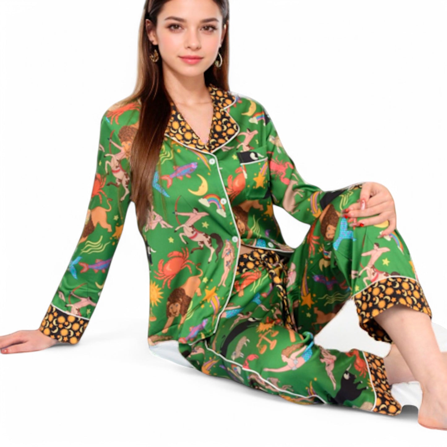Anna-Kaci Women's Satin Zodiac Print Pajama Set with Button-Up Top and Relaxed Fit Pants- Green,Small