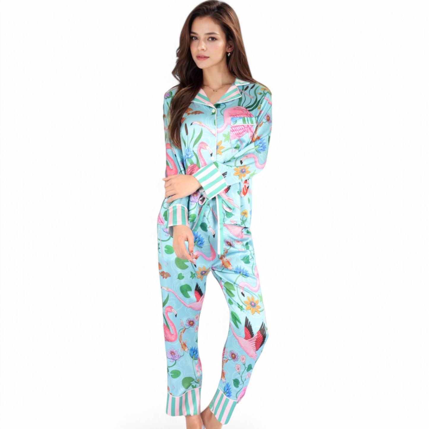 Anna-Kaci Women's Satin Tropical Flamingo Print Pajama Set with Button-Up Top and Relaxed Fit Pants