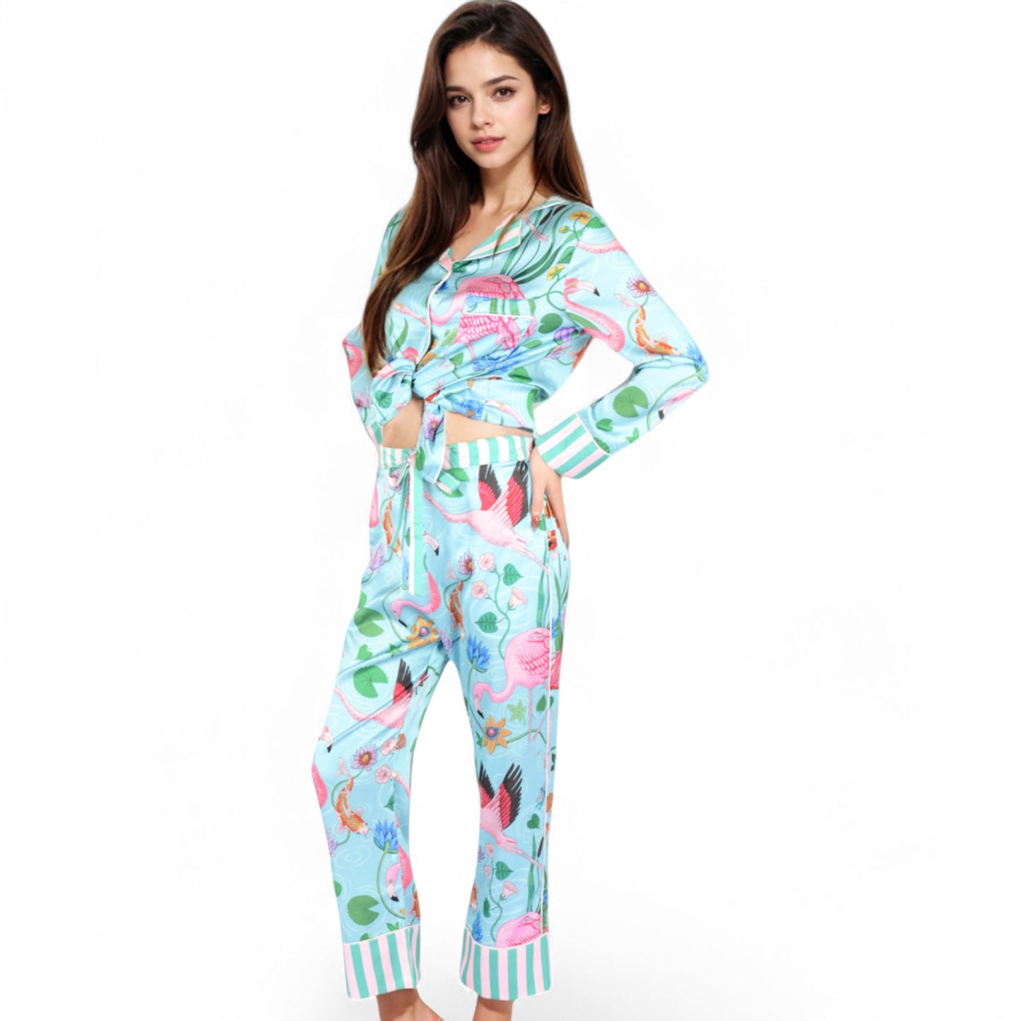 Anna-Kaci Women's Satin Tropical Flamingo Print Pajama Set with Button-Up Top and Relaxed Fit Pants
