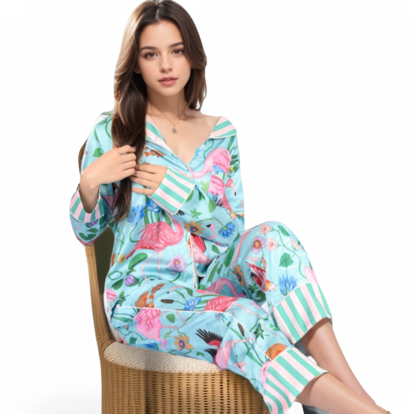 Anna-Kaci Women's Satin Tropical Flamingo Print Pajama Set with Button-Up Top and Relaxed Fit Pants