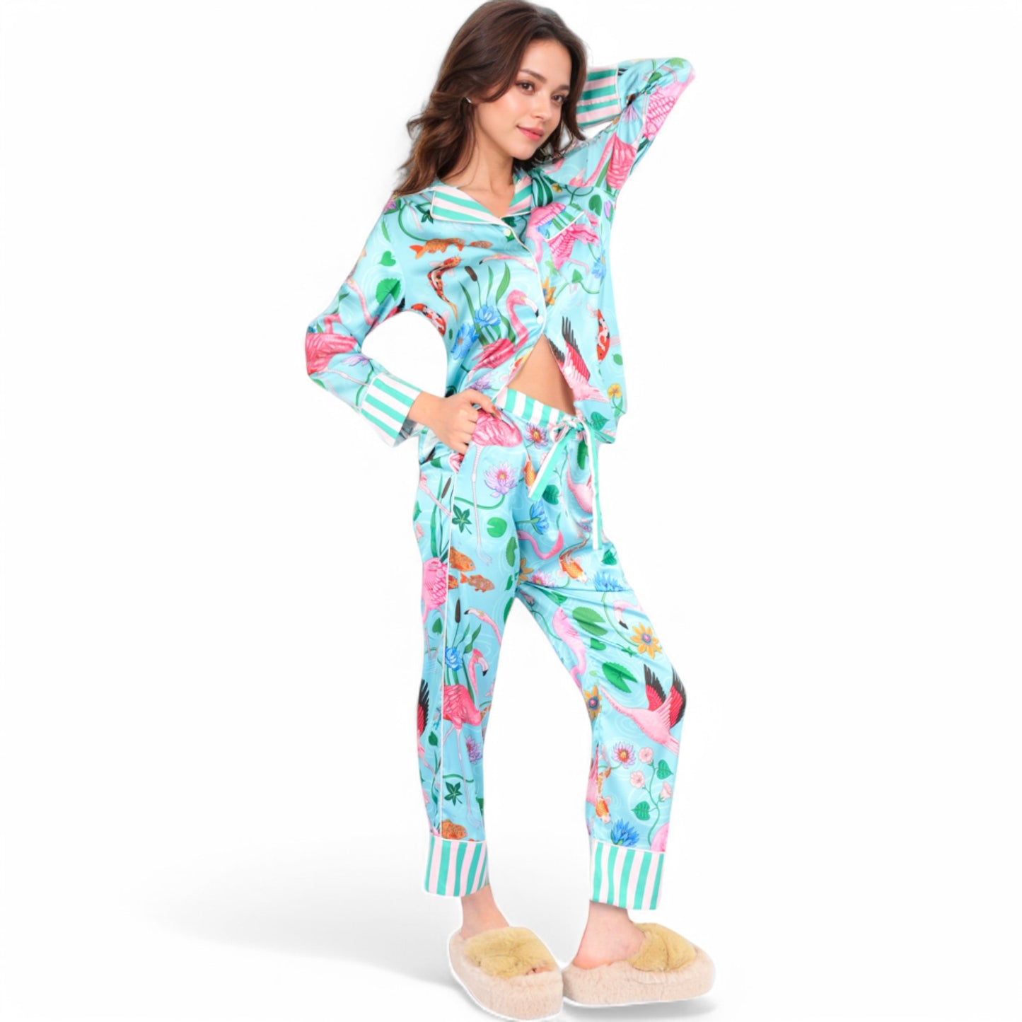 Anna-Kaci Women's Satin Tropical Flamingo Print Pajama Set with Button-Up Top and Relaxed Fit Pants