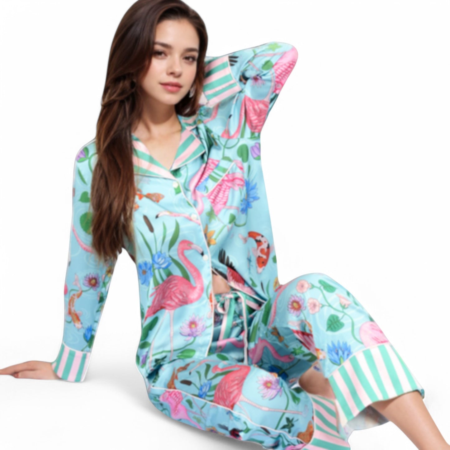 Anna-Kaci Women's Satin Tropical Flamingo Print Pajama Set with Button-Up Top and Relaxed Fit Pants