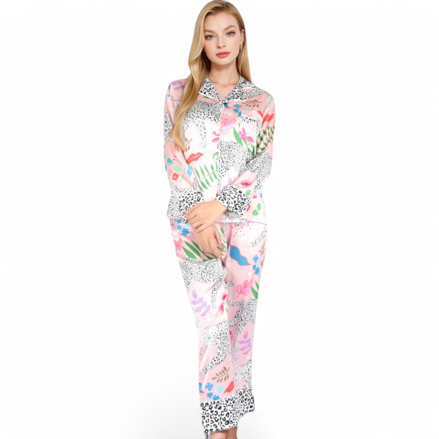Anna-Kaci Women's Satin Pink Leopard Print Pajama Set with Button-Up Long Sleeve Top and Relaxed Fit Pants